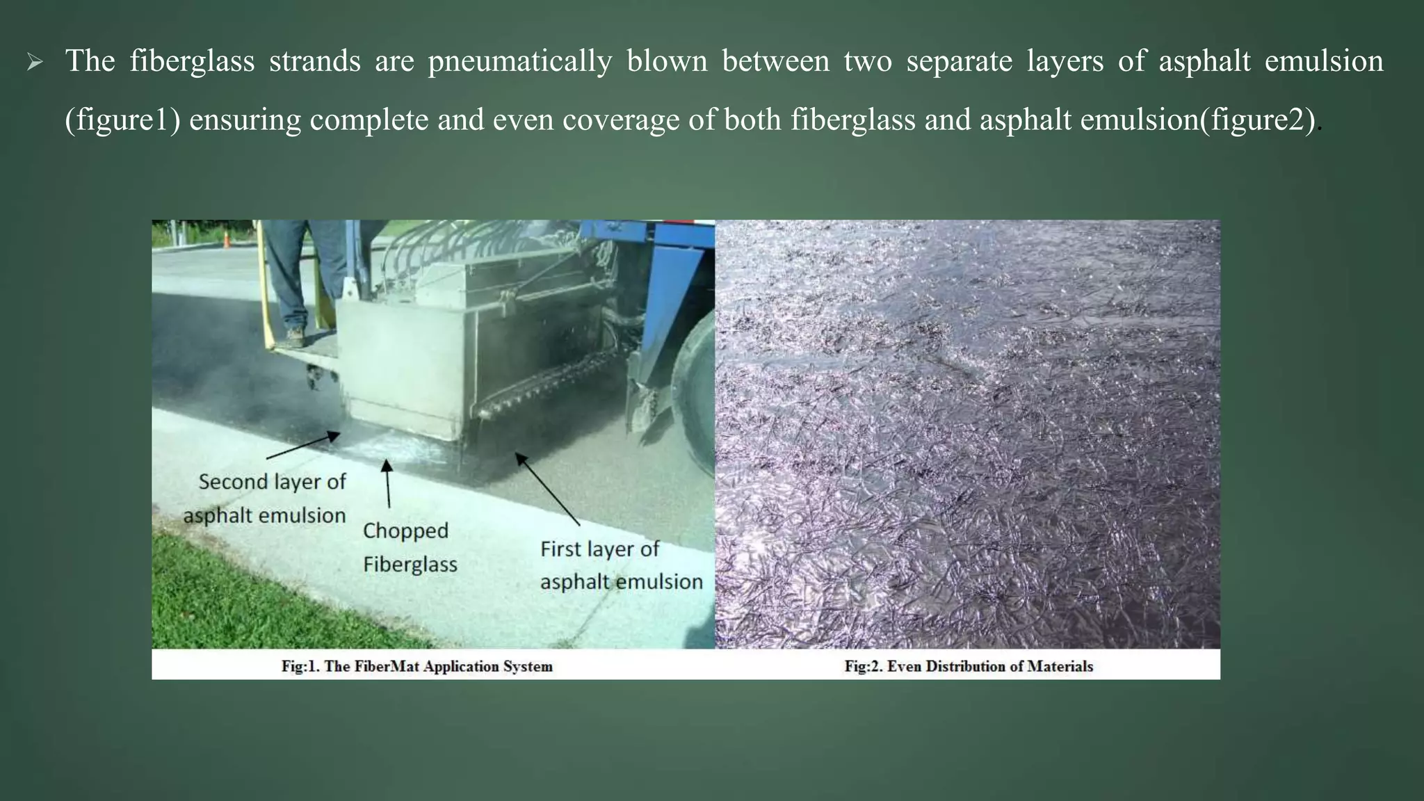  The fiberglass strands are pneumatically blown between two separate layers of asphalt emulsion
(figure1) ensuring complete and even coverage of both fiberglass and asphalt emulsion(figure2).
 