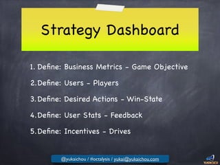 Strategy Dashboard
1. Deﬁne: Business Metrics - Game Objective

2.Deﬁne: Users - Players

3.Deﬁne: Desired Actions - Win-State

4.Deﬁne: User Stats - Feedback 

5.Deﬁne: Incentives - Drives
@yukaichou / #octalysis / yukai@yukaichou.com
 
