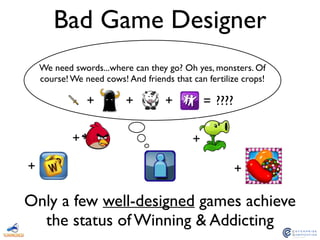 Bad Game Designer
+ + + = ????
Only a few well-designed games achieve
the status of Winning & Addicting
We need swords...where can they go? Oh yes, monsters. Of
course! We need cows! And friends that can fertilize crops!
++
+ +
 