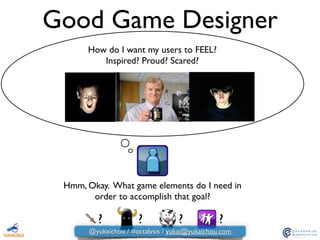 Good Game Designer
Hmm, Okay. What game elements do I need in
order to accomplish that goal?
? ? ? ?
How do I want my users to FEEL?  
Inspired? Proud? Scared?
@yukaichou / #octalysis / yukai@yukaichou.com
 