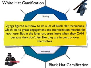 White Hat Gamiﬁcation
Black Hat Gamiﬁcation
Octalysis
Avoidance
Ownership
Empowerment
Meaning
Unpredictability
Accomplishment
Scarcity
Social
Inﬂuence
Zynga ﬁgured out how to do a lot of Black Hat techniques,
which led to great engagement and monetization metrics for
each user. But in the long run, users leave when they CAN
because they don’t feel like they are in control over
themselves.
 