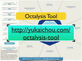Octalysis Tool
http://yukaichou.com/
octalysis-tool
@yukaichou / #octalysis / yukai@yukaichou.com
 