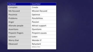 Bad Rebel Good Rebel
Complain Create
Me-focused Mission focused
Pessimist Optimist
Problems Possibilities
Anger Passion
Alienate people Attract support
Assertions Questions
Pinpoint fingers Pinpoint causes
Lecture Listen
Worry that Wonder if
Obsessed Reluctant
@Rebels at Work
 