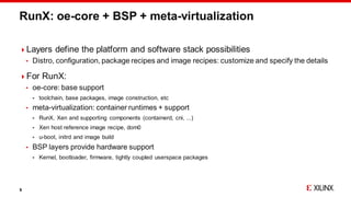 RunX: oe-core + BSP + meta-virtualization
Layers define the platform and software stack possibilities
 Distro, configura...