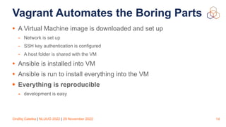 Ondřej Caletka | NLUUG 2022 | 29 November 2022
Vagrant Automates the Boring Parts
• A Virtual Machine image is downloaded ...