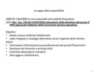 Le tappe della sostenibilità
2009 Dir 128/2009 Ce uso sostenibile dei prodotti fitosanitari
2012 Dec. Leg. 150 del 14/07/2012 attuazione della direttiva attraverso il
PAN approvato febbraio 2014 strumento tecnico operativo
Obiettivi
• Salute umana ambiente biodiversità
• Lotta integrata o strategie alternative senza l’apporto della chimica
Azioni
• Formazione informazione (uso professionale dei presidi fitosanitari)
• Revisione dei formulati e principi attivi
• Controllo attrezzature irroratrici
• Stoccaggio e smaltimento
20
 