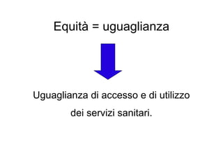 Equità = uguaglianza Uguaglianza di accesso e di utilizzo dei servizi sanitari. 