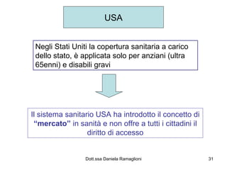 USA Negli Stati Uniti la copertura sanitaria a carico dello stato, è applicata solo per anziani (ultra 65enni) e disabili gravi Il sistema sanitario USA ha introdotto il concetto di  “mercato”  in sanità e non offre a tutti i cittadini il diritto di accesso 