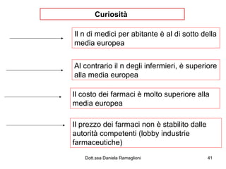 Curiosità  Il n di medici per abitante è al di sotto della media europea Al contrario il n degli infermieri, è superiore alla media europea Il costo dei farmaci è molto superiore alla media europea Il prezzo dei farmaci non è stabilito dalle autorità competenti (lobby industrie farmaceutiche) 