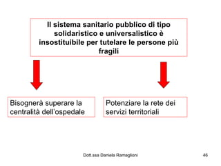 Il sistema sanitario pubblico di tipo solidaristico e universalistico è insostituibile per tutelare le persone più fragili Bisognerà superare la centralità dell’ospedale Potenziare la rete dei servizi territoriali 