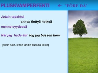 PLUSKVAMPERFEKTI                               ’FÖRE DÅ’

Jotain tapahtui
                 ennen tiettyä hetkeä
menneisyydessä

När jag hade ätit tog jag bussen hem

[ensin söin, sitten lähdin bussilla kotiin]
 