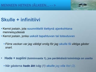MENNEEN HETKEN JÄLKEEN… - - >


Skulle + infinitiivi
 Kerrot jostain, jota suunnittelit tiettynä ajankohtana
  menneisyydessä
 Kerrot jostain, jonka uskoit tapahtuvan tai toteutuvan

  Förra veckan var jag väldigt orolig för jag skulle få viktiga gäster
   snart.


• Hade + supiini (toiminnasta 1), jos peräkkäisiä toimintoja on useita

  När gästerna hade åkt iväg (1) skulle jag vila litet (2).
 