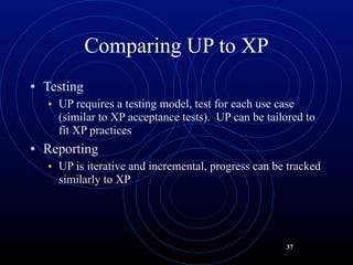Comparing UP to XP
• Testing
  • UP requires a testing model, test for each use case
    (similar to XP acceptance tests)....