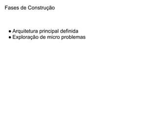 Fases de Construção



 ● Arquitetura principal definida
 ● Exploração de micro problemas
 