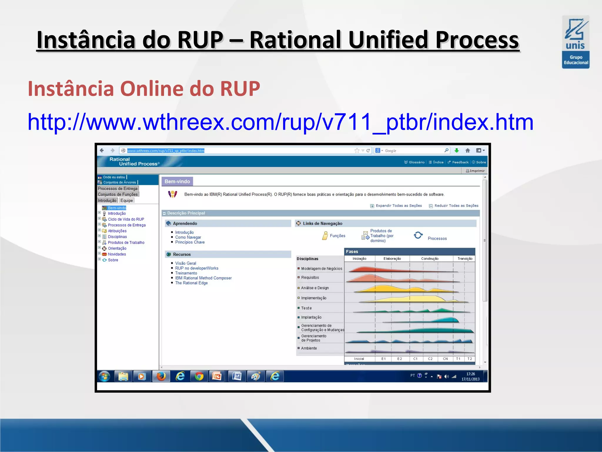 Instância do RUP – Rational Unified Process
Instância Online do RUP
http://www.wthreex.com/rup/v711_ptbr/index.htm

 