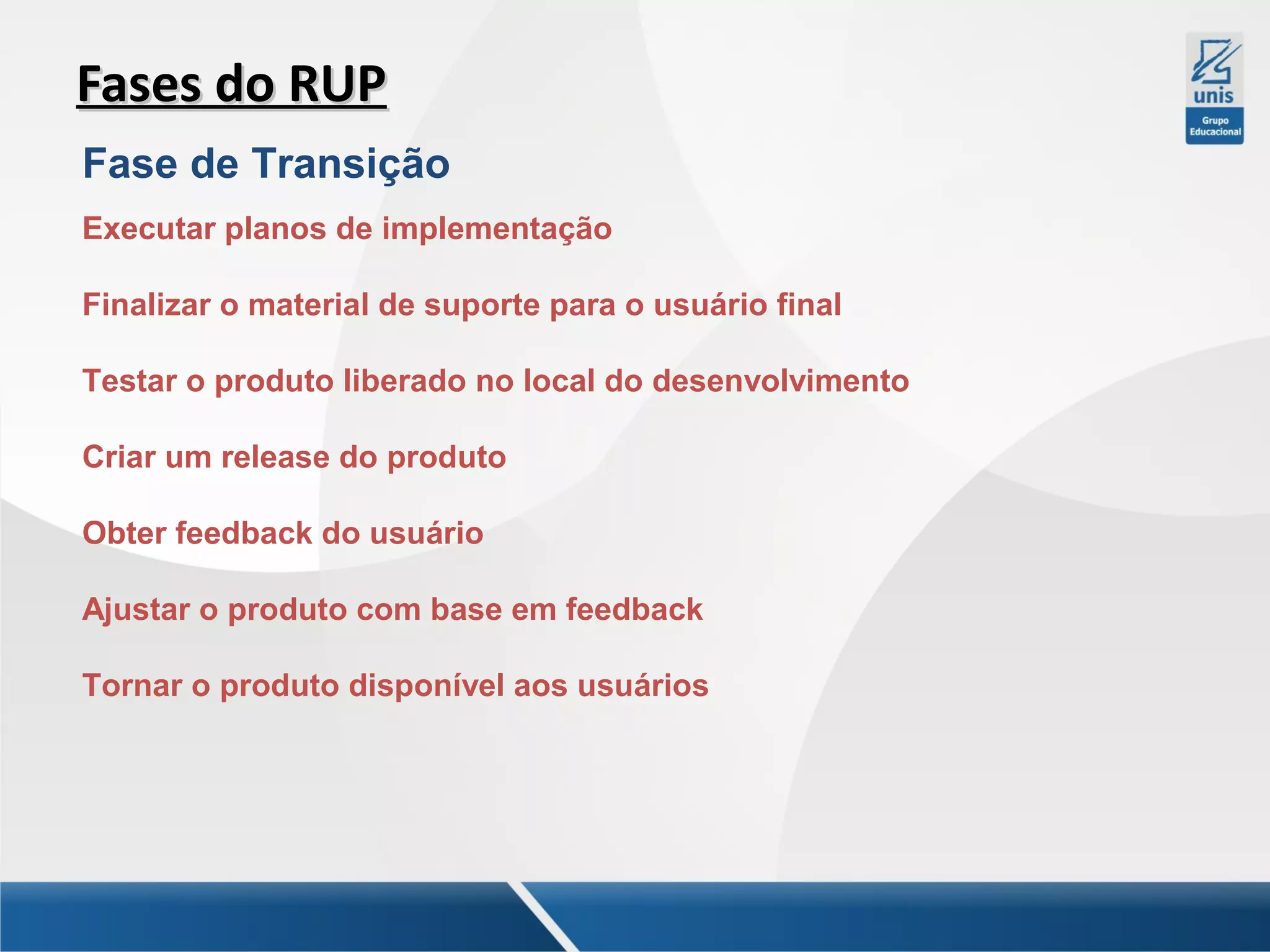 Fases do RUP
Fase de Transição
Executar planos de implementação
Finalizar o material de suporte para o usuário final
Testar o produto liberado no local do desenvolvimento
Criar um release do produto
Obter feedback do usuário
Ajustar o produto com base em feedback
Tornar o produto disponível aos usuários

 