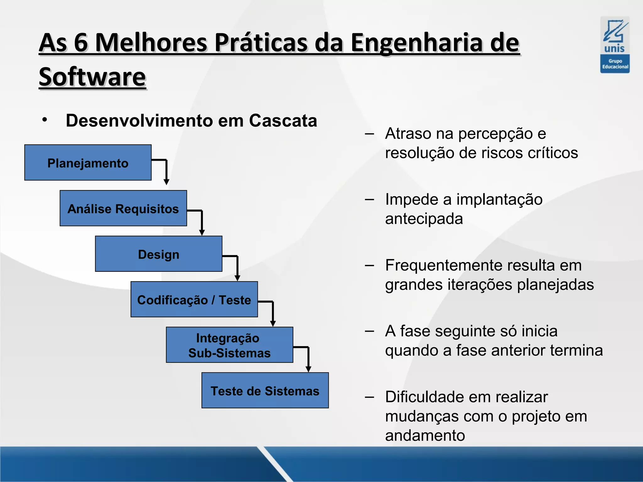 As 6 Melhores Práticas da Engenharia de
Software
•

Desenvolvimento em Cascata

Planejamento

– Atraso na percepção e
resolução de riscos críticos
– Impede a implantação
antecipada

Análise Requisitos

Design

Codificação / Teste
Integração
Sub-Sistemas
Teste de Sistemas

– Frequentemente resulta em
grandes iterações planejadas
– A fase seguinte só inicia
quando a fase anterior termina
– Dificuldade em realizar
mudanças com o projeto em
andamento

 