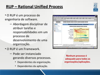RUP – Rational Unified Process
• O RUP é um processo de
engenharia de software.
– Abordagem disciplinar de
atribuir tarefas e
responsabilidades em um
processo de
desenvolvimento de uma
organização.
• O RUP é um Framework.
– Pode ser instanciado
gerando diversos processos.
• Dependentes da organização.
• Dependentes da aplicação.

Nenhum processo é

adequado para todos as
organizações/aplicações.

 