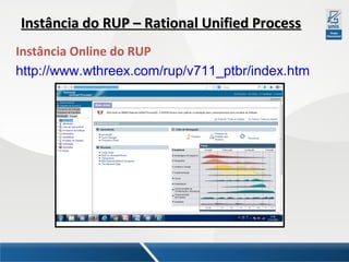 Instância do RUP – Rational Unified Process
Instância Online do RUP
http://www.wthreex.com/rup/v711_ptbr/index.htm

 