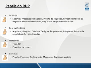 Papéis do RUP
•

Analistas
– Sistemas, Processos de negócios, Projeto de Negócios, Revisor do modelo de
Negócios, Revisor de requisitos, Requisitos, Projetista de interface.

•

Desenvolvedores
– Arquiteto, Designer, Database Designer, Programador, Integrador, Revisor da
arquitetura, Revisor de código

•

Testadores
– Testador
– Projetista de testes

•

Gerentes
– Projeto, Processo, Configuração, Mudanças, Revisão de projeto

 