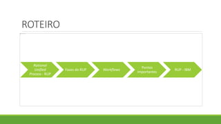 ROTEIRO 
Rational 
Unified 
Process - RUP 
Fases do RUP Workflows 
Pontos 
importantes 
RUP - IBM 
 