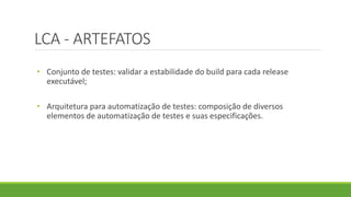 LCA - ARTEFATOS 
• Conjunto de testes: validar a estabilidade do build para cada release 
executável; 
• Arquitetura para automatização de testes: composição de diversos 
elementos de automatização de testes e suas especificações. 
 