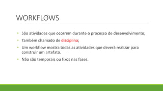 WORKFLOWS 
• São atividades que ocorrem durante o processo de desenvolvimento; 
• Também chamado de disciplina; 
• Um workflow mostra todas as atividades que deverá realizar para 
construir um artefato. 
• Não são temporais ou fixos nas fases. 
 