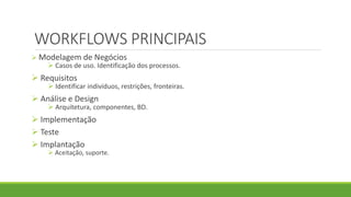 WORKFLOWS PRINCIPAIS 
 Modelagem de Negócios 
 Casos de uso. Identificação dos processos. 
 Requisitos 
 Identificar indivíduos, restrições, fronteiras. 
 Análise e Design 
 Arquitetura, componentes, BD. 
 Implementação 
 Teste 
 Implantação 
 Aceitação, suporte. 
 