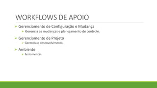 WORKFLOWS DE APOIO 
 Gerenciamento de Configuração e Mudança 
 Gerencia as mudanças e planejamento de controle. 
 Gerenciamento de Projeto 
 Gerencia o desenvolvimento. 
 Ambiente 
 Ferramentas. 
 
