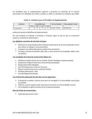 Los Artefactos para la Implementación capturan y presentan la realización de la solución
presentada en el Workflow de Análisis y Diseño. La Tabla 11 identifica los artefactos que deben




producirse durante el Workflow de Implementación.

Por este artefacto se entiende al Prototipo o Producto, según la fase en que se encuentreel
proyecto, resultante de cada iteración.

Los objetivos concretos de esta fase incluyen:
      Minimizar los costes de desarrollo mediante la optimización de recursos yevitando el tener
       que rehacer un trabajo o incluso desecharlo.
      Conseguir una calidad adecuada tan rápido como sea práctico.
      Conseguir versiones funcionales (alfa, beta, y otras versiones de prueba)tan rápido como
       sea práctico.

Los resultados de la fase de construcción deben ser:
      Modelos Completos (Casos de Uso, Análisis, Diseño, Despliegue eImplementación)
      Arquitectura íntegra (mantenida y mínimamente actualizada)
      Riesgos Presentados Mitigados
      Plan del Proyecto para la fase de Transición.
      Manual Inicial de Usuario (con suficiente detalle)
      Prototipo Operacional – beta
      Caso del Negocio Actualizado

Los criterios de evaluación de esta fase son los siguientes:
      El producto es estable y maduro como para ser entregado a la comunidadde usuario para
       ser probado.
      Todos los usuarios expertos están listos para la transición en la comunidadde usuarios.
      Son aceptables los gastos actuales versus los gastos planeados.

Hito de la fase de construcción:
      Capacidad operacional inicial




ISTI-III-IMPLEMENTACION DE APP´S OO                                                                 4
 