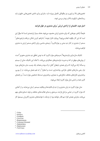 ‫ﺁﺭ‬ ‫ﻣﻌﺮﻓﻲ‬.‫ﻳﻮ‬.‫ﭘﻲ‬
‫ﺁﻛﺎﺩ‬‫ﻧﺮﻡ‬ ‫ﻣﻲ‬‫ﺍﻓﺰﺍﺭ‬www.software-academy.com
۱۲۲
‫ﺗﺨﻤﻴﻦ‬‫ﺩﺍﺭﺩ‬ ‫ﭘﺮﻭﮊﻩ‬ ‫ﺗﻜﻤﻴﻞ‬ ‫ﭼﮕﻮﻧﮕﻲ‬ ‫ﻧﻴﺰ‬ ‫ﻭ‬ ‫ﭘﺎﻳﻴﻦ‬ ‫ﻭ‬ ‫ﺑﺎﻻ‬ ‫ﻫﺎﻱ‬.‫ﺗﺨﻤﻴﻦ‬ ‫ﺩﺍﺷﺘﻦ‬ ‫ﺑﺮﺍﻱ‬ ‫ﺑﻨﺎﺑﺮﺍﻳﻦ‬‫ﺩﻗﻴﻖ‬ ‫ﻫﺎﻳﻲ‬‫ﺑﺎﻳﺪ‬ ‫ﺗﺮ‬
‫ﺭﻳﺴﻚ‬‫ﺖ‬‫ﺍﻭﻟﻮﻳ‬ ‫ﺑﺎ‬ ‫ﻫﺎﻱ‬‫ﺑﺎﻻﺗﺮ‬،‫ﺷﻮﻧﺪ‬ ‫ﺑﺮﺭﺳﻲ‬ ‫ﺯﻭﺩﺗﺮ‬.
‫ﺩﻭﻡ‬ ‫ﹺ‬‫ﻞ‬‫ﺍﺻ‬.‫ﺍﻃﻤﻴﻨﺎﻥ‬‫ﺍﺭﺍﺋ‬ ‫ﺍﺯ‬‫ﻪ‬‫ﺍﺭﺯﺵ‬ ‫ﻱ‬١
‫ﺑ‬‫ﺮﺍﻱ‬‫ﹺ‬‫ﻝ‬‫ﻃﻮ‬ ‫ﺩﺭ‬ ‫ﻣﺸﺘﺮﻱ‬‫ﻓﺮ‬‫ﺍ‬‫ﻳﻨﺪ‬
‫ﹰ‬‫ﺎ‬‫ﻃﺒﻴﻌﺘ‬،‫ﺍﺭﺍﺋﻪ‬‫ﻣﺸﺘﺮﻱ‬ ‫ﺑﺮﺍﻱ‬ ‫ﻛﻪ‬ ‫ﭼﻴﺰﻫﺎﻳﻲ‬ ‫ﻱ‬‫ﺍﺭﺯﺵ‬‫ﻣﻲ‬ ‫ﻣﺤﺴﻮﺏ‬،‫ﺷﻮﻧﺪ‬‫ﺍﺳﺖ‬ ‫ﺍﺭﺯﺷﻤﻨﺪﻱ‬ ‫ﺑﺴﻴﺎﺭ‬ ‫ﻫﺪﻑ‬‫؛‬‫ﺳ‬ ‫ﺍﻣﺎ‬‫ﺆ‬‫ﺍﻳﻦ‬ ‫ﺍﻝ‬
‫ﻣﻲ‬ ‫ﺍﻧﺠﺎﻡ‬ ‫ﭼﮕﻮﻧﻪ‬ ‫ﻛﺎﺭ‬ ‫ﺍﻳﻦ‬ ‫ﻛﻪ‬ ‫ﺍﺳﺖ‬‫ﺩ‬‫ﺭﻭﻳﻜﺮ‬ ‫ﺷﻮﺩ؟‬‫ﺷﻮﻧﺪﻩ‬ ‫ﺗﻜﺮﺍﺭ‬٢
‫ﻓﺮﺍﻫﻢ‬ ‫ﺑﺎ‬‫ﺑﺎﺯﺧﻮﺭﺩﻫﺎﻱ‬ ‫ﺖ‬‫ﺩﺭﻳﺎﻓ‬ ‫ﻣﻜﺎﻥ‬‫ﺍ‬ ‫ﻛﺮﺩﻥ‬٣
‫ﻛ‬ ‫ﺩﺭ‬ ‫ﻣﺸﺘﺮﻱ‬ ‫ﺍﺯ‬ ‫ﻣﺴﺘﻤﺮ‬‫ﺪ‬‫ﺩﻳ‬ ‫ﻨﺎﺭ‬‫ﺩ‬‫ﻣﻮﺍﺭ‬ ‫ﺑﺮ‬ ‫ﻣﺒﺘﻨﻲ‬‫ﻛﺎﺭﺑﺮﺩ‬٤
‫ﺯﻣﻴﻨﻪ‬ ،‫ﺍﺭﺍﺋﻪ‬ ‫ﺑﺮﺍﻱ‬ ‫ﻣﻨﺎﺳﺒﻲ‬ ‫ﻱ‬‫ﻣﺸﺘﺮﻱ‬ ‫ﺑﻪ‬ ‫ﺍﺭﺯﺵ‬ ‫ﹺ‬‫ﺮ‬‫ﻣﺴﺘﻤ‬ ‫ﻱ‬
‫ﻣﻲ‬ ‫ﻓﺮﺍﻫﻢ‬‫ﻧﻤﺎﻳﺪ‬.
‫ﻣﺪﻝ‬ ‫ﻚ‬‫ﺗﻜﻨﻴ‬‫ﻧﻴﺎﺯﻣﻨﺪﻱ‬ ‫ﺳﺎﺯﻱ‬‫ﻫﺎ‬٥
‫ﻭﺳﻴﻠﻪ‬ ‫ﺑﻪ‬‫ﻣﺤﻮﺭﻱ‬ ‫ﻣﺸﺘﺮﻱ‬ ‫ﺪ‬‫ﺩﻳ‬ ‫ﹺ‬‫ﻖ‬‫ﹼ‬‫ﻘ‬‫ﺗﺤ‬ ‫ﻧﻮﻋﻲ‬ ‫ﺑﻪ‬ ‫ﻛﻪ‬ ‫ﻛﺎﺭﺑﺮﺩ‬ ‫ﺩ‬‫ﻣﻮﺍﺭ‬ ‫ﻱ‬٦
،‫ﺍﺳﺖ‬
‫ﺭﻭﺵ‬ ‫ﺍﺯ‬‫ﻧﻴﺎﺯﻣﻨﺪﻱ‬ ‫ﻣﺪﻳﺮﻳﺖ‬ ‫ﻭ‬ ‫ﺍﺧﺬ‬ ‫ﺩﺭ‬ ‫ﻣﻮﻓﻖ‬ ‫ﻫﺎﻱ‬‫ﻣﻲ‬ ‫ﻋﻤﻠﻜﺮﺩﻱ‬ ‫ﻫﺎﻱ‬‫ﺑﺎﺷﺪ‬.‫ﺳﻴﺴﺘﻢ‬ ‫ﺍﺯ‬ ‫ﻣﺪﻟﻲ‬ ،‫ﺗﻜﻨﻴﻚ‬ ‫ﺍﻳﻦ‬ ‫ﻛﻤﻚ‬ ‫ﺑﺎ‬
‫ﻣﻲ‬ ‫ﺍﺭﺍﺋﻪ‬ ‫ﻣﺴﺄﻟﻪ‬ ‫ﻭ‬‫ﻫﻤﻪ‬ ‫ﺑﺮﺍﻱ‬ ‫ﻛﻪ‬ ‫ﮔﺮﺩﺩ‬‫ﺫﻳﻨﻔﻌﺎﻥ‬ ‫ﻱ‬٧
‫ﻣﺪﻝ‬ ‫ﺳﺎﻳﺮ‬ ،‫ﭼﺴﺐ‬ ‫ﻳﻚ‬ ‫ﻫﻤﺎﻧﻨﺪ‬ ‫ﻭ‬ ‫ﺑﻮﺩﻩ‬ ‫ﺩﺭﻙ‬ ‫ﻗﺎﺑﻞ‬‫ﻣﻮﺭﺩ‬ ‫ﻫﺎﻱ‬
‫ﻣﺪﻝ‬ ‫ﻳﻌﻨﻲ‬ ،‫ﻧﻴﺎﺯ‬‫ﭘﻴﺎﺩﻩ‬ ،‫ﻃﺮﺍﺣﻲ‬ ،‫ﺗﺤﻠﻴﻞ‬ ‫ﻫﺎﻱ‬‫ﺍﺳﺘﻘﺮﺍﺭ‬ ‫ﻭ‬ ،‫ﺗﺴﺖ‬ ،‫ﺳﺎﺯﻱ‬٨
‫ﻣﻲ‬ ‫ﻣﺘﺼﻞ‬ ‫ﻫﻢ‬ ‫ﺑﻪ‬ ‫ﺭﺍ‬‫ﻧﻤﺎﻳﺪ‬.‫ﺁﺭ‬ ‫ﺩﺭ‬.‫ﻳﻮ‬.،‫ﭘﻲ‬
‫ﺑﺮﻧﺎﻣﻪ‬‫ﺷﻜﻞ‬ ،‫ﻣﺨﺘﻠﻒ‬ ‫ﺗﻜﺮﺍﺭﻫﺎﻱ‬ ‫ﺭﻳﺰﻱ‬‫ﺑﺮﻧﺎﻣﻪ‬ ،‫ﻣﻌﻤﺎﺭﻱ‬ ‫ﺑﻪ‬ ‫ﺩﻫﻲ‬‫ﺗﺴﺖ‬ ‫ﺭﻳﺰﻱ‬‫ﺗﺴﺖ‬ ‫ﺩ‬‫ﻣﻮﺍﺭ‬ ‫ﺗﺸﺨﻴﺺ‬ ،‫ﻫﺎ‬٩
‫ﺭﺍﻫﻨﻤﺎﻱ‬ ‫ﻭ‬ ،
‫ﻣﻲ‬ ‫ﺍﻳﺠﺎﺩ‬ ‫ﻛﺎﺭﺑﺮﺩ‬ ‫ﺩ‬‫ﻣﻮﺍﺭ‬ ‫ﹺ‬‫ﻝ‬‫ﻣﺪ‬ ‫ﺍﺳﺎﺱ‬ ‫ﺑﺮ‬ ‫ﻫﻤﻪ‬ ،‫ﻛﺎﺭﺑﺮ‬‫ﺷﻮﻧﺪ‬.
‫ﻗﺎﺑﻠﻴﺖ‬ ،‫ﺍﻭ‬ ‫ﺪ‬‫ﺩﻳ‬ ‫ﺍﺯ‬ ‫ﻭ‬ ‫ﻣﺸﺘﺮﻱ‬ ‫ﺯﺑﺎﻥ‬ ‫ﺑﻪ‬ ‫ﻛﺎﺭﺑﺮﺩ‬ ‫ﺩ‬‫ﻣﻮﺍﺭ‬ ‫ﹺ‬‫ﻝ‬‫ﻣﺪ‬‫ﻣﻲ‬ ‫ﺑﻴﺎﻥ‬ ‫ﺭﺍ‬ ‫ﺳﻴﺴﺘﻢ‬ ‫ﻒ‬‫ﻭﻇﺎﻳ‬ ‫ﻭ‬ ‫ﻫﺎ‬‫ﻧﻤﺎﻳﻨﺪ‬.‫ﺁﻧﺠﺎﻳﻲ‬ ‫ﺍﺯ‬ ‫ﻭ‬
‫ﻓﺮﺍ‬ ‫ﹺ‬‫ﻞ‬‫ﻣﺮﺍﺣ‬ ‫ﺗﻤﺎﻣﻲ‬ ‫ﺩﺭ‬ ‫ﻛﺎﺭﺑﺮﺩ‬ ‫ﺩ‬‫ﻣﻮﺍﺭ‬ ‫ﻛﻪ‬‫ﻓﻌﺎﻟﻴﺖ‬ ‫ﻣﺒﻨﺎﻱ‬ ‫ﻭ‬ ‫ﺳﺮﻣﺸﻖ‬ ،‫ﻳﻨﺪ‬‫ﻣﻬﻢ‬ ‫ﺩﺳﺘﺎﻭﺭﺩﻫﺎﻱ‬ ‫ﺗﻮﻟﻴﺪ‬ ‫ﻭ‬ ‫ﻣﺨﺘﻠﻒ‬ ‫ﻫﺎﻱ‬
‫ﻣﻲ‬‫ﻫﻤﻪ‬ ‫ﺑﻨﺎﺑﺮﺍﻳﻦ‬ ،‫ﺑﺎﺷﺪ‬‫ﺧﻮﺍﺳﺘﻪ‬ ‫ﺑﺎ‬ ‫ﻧﺰﺩﻳﻚ‬ ‫ﺍﺯ‬ ‫ﺑﻮﺩ‬ ‫ﺧﻮﺍﻫﻨﺪ‬ ‫ﻗﺎﺩﺭ‬ ‫ﺗﻴﻢ‬ ‫ﺍﻓﺮﺍﺩ‬ ‫ﻱ‬‫ﻣﺸﺘﺮﻱ‬ ‫ﻫﺎﻱ‬)‫ﺳﻴﺴﺘﻢ‬ ‫ﻛﺎﺭﺑﺮﺍﻥ‬(‫ﻛﺎﺭ‬
1
- Value
2
- Iterative
3
- Feedback
4
- Use-Case
5
- Requirements
6
- Customer-Oriented
7
- Stakeholders
8
- Deployment
9
- Test Cases
 