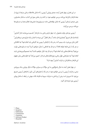 Software Academy www.software-academy.com
۱۴۷
‫ﹺ‬‫ﻞ‬‫ﻓﺼ‬ ‫ﭼﻬﺎﺭ‬ ‫ﻭ‬ ‫ﻓﺼﻞ‬ ‫ﺍﻳﻦ‬ ‫ﺩﺭ‬‫ﺁﻳﻨﺪﻩ‬‫ﺟﻨﺒﻪ‬ ،‫ﺁﺭ‬ ‫ﭘﻮﻳﺎﻳﻲ‬ ‫ﻱ‬.‫ﻳﻮ‬.‫ﭘﻲ‬‫ﻛﻪ‬ ‫ﺭﺍ‬‫ﺍﺯ‬ ‫ﭘﺮﻭﮊﻩ‬ ‫ﺑﺎ‬ ‫ﻣﺮﺗﺒﻂ‬ ‫ﺯﻣﺎﻧﻲ‬ ‫ﻣﻼﺣﻈﺎﺕ‬ ‫ﺷﺎﻣﻞ‬
‫ﺗﻜﺮﺍﺭﻫﺎ‬ ‫ﻭ‬ ‫ﻓﺎﺯﻫﺎ‬ ‫ﺟﻤﻠﻪ‬‫ﻣﻲ‬،‫ﺑﺎﺷﺪ‬‫ﻧﻤﻮﺩ‬ ‫ﺧﻮﺍﻫﻴﻢ‬ ‫ﺑﺮﺭﺳﻲ‬.‫ﺍﺩﺍﻣﻪ‬ ‫ﺩﺭ‬‫ﹺ‬‫ﻡ‬‫ﺳﻮ‬ ‫ﺑﺨﺶ‬ ‫ﺩﺭ‬ ‫ﻭ‬‫ﻣﺤﺘـﻮﺍ‬ ‫ﺳـﺎﺧﺘﺎﺭ‬ ،‫ﻛﺘـﺎﺏ‬ ‫ﺍﻳﻦ‬،‫ﻳﻲ‬
‫ﺟﻨﺒﻪ‬ ‫ﻳﻌﻨﻲ‬‫ﺁﺭ‬ ‫ﺍﻳﺴﺘﺎﻱ‬ ‫ﻱ‬.‫ﻳﻮ‬.‫ﻣ‬ ‫ﺷﺎﻣﻞ‬ ‫ﻛﻪ‬ ‫ﭘﻲ‬‫ﺆ‬‫ﻟﻔﻪ‬‫ﺩﻳـﺴﻴﭙﻠﻴﻦ‬ ‫ﻣﺎﻧﻨﺪ‬ ‫ﻫﺎﻳﻲ‬‫ﻧﻘـﺶ‬ ،‫ﻫـﺎ‬‫ﻓﻌﺎﻟﻴـﺖ‬ ،‫ﻫـﺎ‬‫ﻫـﺎ‬،‫ﺩﺳـﺘﺎﻭﺭﺩﻫﺎ‬ ‫ﻭ‬
‫ﻣﻲ‬‫ﺑﺮﺭﺳﻲ‬ ،‫ﺑﺎﺷﺪ‬‫ﻣﻲ‬‫ﮔﺮﺩﺩ‬.
‫ﺁﺭ‬.‫ﻳﻮ‬.‫ﭼﺮﺧﻪ‬ ‫ﭘﻲ‬‫ﺪ‬‫ﺗﻮﻟﻴ‬ ‫ﻱ‬‫ﭼﻬﺎﺭ‬ ‫ﺑﻪ‬ ‫ﺭﺍ‬ ‫ﻣﺤﺼﻮﻝ‬‫ﺑﺎﺯﻩ‬‫ﹺ‬‫ﻡ‬‫ﻧـﺎ‬ ‫ﺑـﻪ‬ ‫ﺯﻣﺎﻧﻲ‬ ‫ﻱ‬‫ﻓـﺎﺯ‬١
‫ﻣـﻲ‬ ‫ﺗﻘـﺴﻴﻢ‬‫ﻧﻤﺎﻳـﺪ‬:‫ﻓـ‬‫ﺁﻏـﺎﺯﻳﻦ‬ ‫ﹺ‬‫ﺯ‬‫ﺎ‬٢
)‫ﺷﻨﺎﺧﺖ‬(،‫ﺗﺸﺮﻳﺢ‬ ‫ﹺ‬‫ﺯ‬‫ﻓﺎ‬٣
)‫ﻣﻌﻤﺎﺭﻱ‬(،‫ﹺ‬‫ﺯ‬‫ﻓﺎ‬‫ﺳﺎﺧﺖ‬٤
،‫ﻭ‬‫ﹺ‬‫ﺯ‬‫ﻓﺎ‬‫ﺍﻧﺘﻘﺎﻝ‬٥
.‫ﹺ‬‫ﺭ‬‫ﺍﻧﺘﺸﺎ‬ ‫ﺑﺎ‬ ‫ﭼﺮﺧﻪ‬ ‫ﺍﻳﻦ‬‫ﻳـﻚ‬‫ﻓـﺮﺍﻭﺭﺩﻩ‬‫ﻱ‬‫ﻧـﺮﻡ‬‫ﹺ‬‫ﻱ‬‫ﺍﻓـﺰﺍﺭ‬٦
‫ﻣﻲ‬ ‫ﭘﺎﻳﺎﻥ‬ ‫ﻛﺎﻣﻞ‬‫ﭘﺬﻳﺮﺩ‬.‫ﻛﻪ‬ ‫ﺑﺒﻴﻨﻴﻢ‬ ‫ﺑﺎﻳﺪ‬‫ﺁﺭ‬ ‫ﻓﺎﺯﻫﺎﻱ‬ ‫ﺍﺯ‬ ‫ﻳﻚ‬ ‫ﻫﺮ‬ ‫ﺩﺭ‬.‫ﻳﻮ‬.‫ﺍﺗﻔﺎﻗـﺎﺗﻲ‬ ‫ﭼﻪ‬ ‫ﺷﻮﺩ؟‬ ‫ﺍﻧﺠﺎﻡ‬ ‫ﺑﺎﻳﺪ‬ ‫ﻛﺎﺭﻫﺎﻳﻲ‬ ‫ﭼﻪ‬ ‫ﭘﻲ‬
‫ﺩ‬ ‫ﺍﻓﺘﺎﺩ؟‬ ‫ﺧﻮﺍﻫﺪ‬ ‫ﻓﺎﺯﻫﺎ‬ ‫ﺍﻳﻦ‬ ‫ﺍﺯ‬ ‫ﻳﻚ‬ ‫ﻫﺮ‬ ‫ﺩﺭ‬‫ﺗﻮﻟﻴـﺪ‬ ‫ﺩﺳـﺘﺎﻭﺭﺩﻫﺎﻳﻲ‬ ‫ﭼـﻪ‬ ‫ﻛـﺮﺩ؟‬ ‫ﺧـﻮﺍﻫﻴﻢ‬ ‫ﺩﻧﺒﺎﻝ‬ ‫ﺭﺍ‬ ‫ﺍﻫﺪﺍﻓﻲ‬ ‫ﭼﻪ‬ ‫ﻓﺎﺯ‬ ‫ﻫﺮ‬ ‫ﺭ‬
‫ﻣﻲ‬‫ﻓﻌﺎﻟﻴﺖ‬ ‫ﭼﻪ‬ ‫ﺷﻮﺩ؟‬‫ﺗـﺼﻤﻴﻢ‬ ‫ﭼﻪ‬ ‫ﺩﺍﺷﺖ؟‬ ‫ﺧﻮﺍﻫﻴﻢ‬ ‫ﺗﻜﺮﺍﺭ‬ ‫ﭼﻨﺪ‬ ‫ﻓﺎﺯ‬ ‫ﻫﺮ‬ ‫ﺩﺭ‬ ‫ﺷﻮﺩ؟‬ ‫ﺍﻧﺠﺎﻡ‬ ‫ﺑﺎﻳﺪ‬ ‫ﻫﺎﻳﻲ‬‫ﮔﻴـﺮﻱ‬‫ﺑﺎﻳـﺪ‬ ‫ﻫـﺎﻳﻲ‬
‫ﻓﻌﺎﻟﻴﺖ‬ ‫ﻧﻮﻉ‬ ‫ﻭ‬ ‫ﺯﻣﺎﻧﻲ‬ ‫ﻃﻮﻝ‬ ‫ﻣﻌﻴﺎﺭﻫﺎﻳﻲ‬ ‫ﭼﻪ‬ ‫ﺷﻮﺩ؟‬ ‫ﺍﻧﺠﺎﻡ‬‫ﻣﻲ‬ ‫ﺗﻌﻴﻴﻦ‬ ‫ﺭﺍ‬ ‫ﻓﺎﺯ‬ ‫ﻫﺮ‬ ‫ﻫﺎﻱ‬‫ﻛﻨﺪ؟‬‫ﺗﻔﺎﻭﺕ‬ ‫ﭼﻪ‬‫ﻣﻔﻬﻮﻡ‬ ‫ﻣﻴﺎﻥ‬ ‫ﻫﺎﻳﻲ‬
‫ﺁﺑﺸﺎﺭﻱ‬ ‫ﻓﺮﺍﻳﻨﺪ‬ ‫ﺩﺭ‬ ‫ﻣﺘﻨﺎﻇﺮﺷﺎﻥ‬ ‫ﻭ‬ ‫ﻓﺎﺯﻫﺎ‬ ‫ﺍﻳﻦ‬٧
‫ﺩﺍﺭﺩ؟‬ ‫ﻭﺟﻮﺩ‬
‫ﭘﺎﺳﺦ‬ ‫ﺩﻧﺒﺎﻝ‬ ‫ﺑﻪ‬ ‫ﺁﻳﻨﺪﻩ‬ ‫ﻓﺼﻞ‬ ‫ﭼﻬﺎﺭ‬ ‫ﺩﺭ‬‫ﺳ‬ ‫ﺍﻳﻦ‬ ‫ﺑﻪ‬ ‫ﮔﻮﻳﻲ‬‫ﺆ‬‫ﺳ‬ ‫ﺑﺴﻴﺎﺭﻱ‬ ‫ﻭ‬ ‫ﺍﻻﺕ‬‫ﺆ‬‫ﭘـﺮﻭﮊﻩ‬ ‫ﻳـﻚ‬ ‫ﭘﻮﻳﺎﻳﻲ‬ ،‫ﺩﻳﮕﺮ‬ ‫ﺍﻻﺕ‬‫ﻱ‬
‫ﺑﺮ‬ ‫ﻣﺒﺘﻨﻲ‬‫ﺪ‬‫ﻓﺮﺍﻳﻨ‬‫ﺁﺭ‬.‫ﻳﻮ‬.‫ﻧﻤﻮﺩ‬ ‫ﺧﻮﺍﻫﻴﻢ‬ ‫ﺑﺮﺭﺳﻲ‬ ‫ﺭﺍ‬ ‫ﭘﻲ‬.‫ﻓﺼﻞ‬ ‫ﺍﺯ‬ ‫ﻳﻚ‬ ‫ﻫﺮ‬ ‫ﺩﺭ‬‫ﺁﺗﻲ‬ ‫ﻫﺎﻱ‬‫ﻓﺎﺯﻫﺎ‬ ‫ﺍﺯ‬ ‫ﻳﻜﻲ‬ ،‫ﺁﺭ‬ ‫ﻱ‬.‫ﻳﻮ‬.‫ﭘﻲ‬‫ﺗﺸﺮﻳﺢ‬
‫ﻣﻲ‬‫ﺷﻮﺩ‬.‫ﺍ‬‫ﻣ‬‫ﻤ‬‫ﻣﻬ‬ ‫ﻧﻜﺎﺕ‬ ،‫ﻓﺎﺯﻫﺎ‬ ‫ﺑﻪ‬ ‫ﻣﺮﺑﻮﻁ‬ ‫ﺟﺰﺋﻴﺎﺕ‬ ‫ﺑﻪ‬ ‫ﭘﺮﺩﺍﺧﺘﻦ‬ ‫ﺍﺯ‬ ‫ﭘﻴﺶ‬ ‫ﺍﺳﺖ‬ ‫ﺿﺮﻭﺭﻱ‬ ‫ﺎ‬‫ﹺ‬‫ﺭ‬‫ﺳﺎﺧﺘﺎ‬ ‫ﺑﺎ‬ ‫ﺭﺍﺑﻄﻪ‬ ‫ﺩﺭ‬ ‫ﻲ‬‫ﭘﻮﻳﺎﻱ‬
‫ﺁﺭ‬.‫ﻳﻮ‬.‫ﮔﻴﺮﺩ‬ ‫ﻗﺮﺍﺭ‬ ‫ﺗﻮﺟﻪ‬ ‫ﻣﻮﺭﺩ‬ ‫ﭘﻲ‬.
1
- Phase
2
- Inception
3
- Elaboration
4
- Construction
5
- Transition
6
- Software Product
7
- Waterfall
‫ﭼﺮﺧﻪ‬‫ﻓﺮﺍﻭﺭﺩﻩ‬ ‫ﺗﻮﻟﻴﺪ‬ ‫ﻱ‬
 