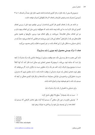 ‫ﺁﺭ‬ ‫ﻣﻌﺮﻓﻲ‬.‫ﻳﻮ‬.‫ﭘﻲ‬
‫ﺁﻛﺎﺩ‬‫ﻧﺮﻡ‬ ‫ﻣﻲ‬‫ﺍﻓﺰﺍﺭ‬www.software-academy.com
۱۶۴
‫ﺩﺭﺻﻮﺭﺗﻲ‬‫ﹺ‬‫ﺯ‬‫ﻓﺎ‬ ‫ﺩﺭ‬ ‫ﺗﻜﺮﺍﺭ‬ ‫ﻳﻚ‬ ‫ﺍﺯ‬ ‫ﺑﻴﺶ‬ ‫ﻛﻪ‬‫ﺁﻏﺎﺯﻳﻦ‬)‫ﺷﻨﺎﺧﺖ‬(‫ﺍﻫـﺪﺍﻑ‬ ‫ﺑﺮ‬ ‫ﹰ‬‫ﺎ‬‫ﻋﻤﺪﺗ‬ ‫ﺍﻭﻝ‬ ‫ﺗﻜﺮﺍﺭ‬ ،‫ﺑﺎﺷﻴﻢ‬ ‫ﺩﺍﺷﺘﻪ‬۱‫ﺗـﺎ‬۳
")‫ﭼﻴﺴﺘﻲ‬("‫ﺑﻘﻴﻪ‬ ‫ﻭ‬ ‫ﺷﺪﻩ‬ ‫ﻣﺘﻤﺮﻛﺰ‬‫ﺍﻫﺪﺍﻑ‬ ‫ﺑﺮ‬ ‫ﺗﻜﺮﺍﺭﻫﺎ‬ ‫ﻱ‬۴‫ﻭ‬۵")‫ﭼﮕﻮﻧﮕﻲ‬("‫ﺩﺍﺷﺖ‬ ‫ﺧﻮﺍﻫﻨﺪ‬ ‫ﺗﻤﺮﻛﺰ‬.
‫ﹺ‬‫ﺯ‬‫ﻓﺎ‬ ‫ﻛﻠﻴﺪﻱ‬ ‫ﻑ‬‫ﺍﻫﺪﺍ‬ ‫ﺍﺯ‬ ‫ﻳﻚ‬ ‫ﻫﺮ‬ ،‫ﺍﺩﺍﻣﻪ‬ ‫ﺩﺭ‬‫ﺁﻏﺎﺯﻳﻦ‬)‫ﺷﻨﺎﺧﺖ‬(‫ﻧﻤﻮﺩ‬ ‫ﺧﻮﺍﻫﻴﻢ‬ ‫ﺑﺮﺭﺳﻲ‬ ‫ﺭﺍ‬.‫ﻑ‬‫ﺍﻫﺪﺍ‬ ‫ﺑﺮﺭﺳﻲ‬ ‫ﺍﺯ‬ ‫ﻗﺒﻞ‬
‫ﻫﻴﭻ‬ ‫ﻛﻪ‬ ‫ﺑﺎﺷﻴﺪ‬ ‫ﺩﺍﺷﺘﻪ‬ ‫ﺗﻮﺟﻪ‬ ‫ﻧﻜﺘﻪ‬ ‫ﺍﻳﻦ‬ ‫ﺑﻪ‬ ‫ﺍﺳﺖ‬ ‫ﻻﺯﻡ‬ ،‫ﻓﺎﺯ‬ ‫ﺍﻳﻦ‬ ‫ﻛﻠﻴﺪﻱ‬‫ﻭ‬ ‫ﻧﺪﺍﺭﺩ‬ ‫ﻭﺟﻮﺩ‬ ‫ﺍﻫﺪﺍﻑ‬ ‫ﺍﻳﻦ‬ ‫ﻣﻴﺎﻥ‬ ‫ﺗﺮﺗﻴﺒﻲ‬ ‫ﮔﻮﻧﻪ‬
‫ﻓﻌﺎﻟﻴﺖ‬ ‫ﹺ‬‫ﻝ‬‫ﻣﻌﺎﺩ‬ ،‫ﺍﻫﺪﺍﻑ‬ ‫ﺍﻳﻦ‬ ‫ﻧﻴﺰ‬‫ﻫ‬‫ﺎ‬١
‫ﻧﻤﻲ‬ ،‫ﺑﺎﺷﻨﺪ‬.‫ﺣﺎﻝ‬ ،‫ﺑﺮﺭﺳﻲ‬ ‫ﻣﻮﺭﺩ‬ ‫ﻑ‬‫ﺍﻫﺪﺍ‬ ،‫ﻭﺍﻗﻊ‬ ‫ﺩﺭ‬‫ﻭ‬‫ﺗﻤﺎﻣﻲ‬ ‫ﺩ‬‫ﻣﻘﺼﻮ‬ ‫ﻭ‬ ‫ﻫﻮﺍ‬ِ
‫ﻓﻌﺎﻟﻴﺖ‬‫ﺗﻜﺮﺍﺭﻫﺎﻱ‬ ‫ﺍﺯ‬ ‫ﻳﻚ‬ ‫ﻫﺮ‬ ‫ﻫﺎﻱ‬٢
‫ﻣﻲ‬ ‫ﺑﻴﺎﻥ‬ ‫ﺭﺍ‬ ‫ﻓﺎﺯ‬ ‫ﺍﻳﻦ‬ ‫ﻒ‬‫ﻣﺨﺘﻠ‬‫ﻣﻲ‬ ‫ﺍﻧﺠﺎﻡ‬ ‫ﻛﻪ‬ ‫ﻓﻌﺎﻟﻴﺘﻲ‬ ‫ﻫﺮ‬ ‫ﻧﻤﺎﻳﻨﺪ؛‬‫ﺩﺭ‬ ‫ﺑﺎﻳﺪ‬ ‫ﹰ‬‫ﺎ‬‫ﺣﺘﻤ‬ ،‫ﺷﻮﺩ‬
‫ﻣﺤﺴ‬ ‫ﺯﺍﺋﺪﻱ‬ ‫ﻓﻌﺎﻟﻴﺖ‬ ،‫ﺍﻳﻨﺼﻮﺭﺕ‬ ‫ﻏﻴﺮ‬ ‫ﺩﺭ‬ ،‫ﺑﺎﺷﺪ‬ ‫ﺍﻫﺪﺍﻑ‬ ‫ﺍﻳﻦ‬ ‫ﺍﺯ‬ ‫ﻳﻜﻲ‬ ‫ﺣﺪﺍﻗﻞ‬ ‫ﺑﻪ‬ ‫ﺩﺳﺘﻴﺎﺑﻲ‬ ‫ﺭﺍﺳﺘﺎﻱ‬‫ﻣﻲ‬ ‫ﻮﺏ‬‫ﮔﺮﺩﺩ‬.
‫ﻫﺪﻑ‬۱.،‫ﻣﺤﺼﻮﻝ‬ ‫ﹺ‬‫ﻲ‬‫ﭼﻴﺴﺘ‬ ‫ﺩﺭﻙ‬)‫ﭼﻴﺰﻱ‬ ‫ﭼﻪ‬‫ﺭﺍ‬‫ﺑﺴﺎﺯﻳﻢ؟‬ ‫ﺑﺎﻳﺪ‬(
‫ﹼ‬‫ﻠ‬‫ﻋ‬ ‫ﻭﻟﻲ‬ ‫ﺑﺮﺳﺪ‬ ‫ﻧﻈﺮ‬ ‫ﺑﻪ‬ ‫ﻋﺠﻴﺐ‬ ‫ﻛﻤﻲ‬ ‫ﺷﺎﻳﺪ‬‫ﹺ‬‫ﻡ‬‫ﻋﺪ‬ ‫ﺖ‬‫ﺖ‬‫ﻣﻮﻓﻘﻴ‬‫ﭘﺮﻭﮊﻩ‬ ‫ﺍﺯ‬ ‫ﺑﺴﻴﺎﺭﻱ‬‫ﺁﻧﭽﻪ‬ ‫ﺍﺯ‬ ‫ﻣﺸﺘﺮﻙ‬ ‫ﺩﺭﻙ‬ ‫ﻳﻚ‬ ‫ﻧﺪﺍﺷﺘﻦ‬ ،‫ﻫﺎ‬
‫ﻣﻲ‬ ،‫ﺷﻮﺩ‬ ‫ﺳﺎﺧﺘﻪ‬ ‫ﻛﻪ‬ ‫ﺍﺳﺖ‬ ‫ﻧﻴﺎﺯ‬‫ﺑﺎﺷﺪ‬.‫ﺑﺎ‬‫ﻭﺟﻮﺩﻱ‬‫ﻫﻤﻪ‬ ‫ﻛﻪ‬‫ﺁﻧﻬﺎ‬ ‫ﻛﻪ‬ ‫ﻛﻨﻨﺪ‬ ‫ﻓﻜﺮ‬ ‫ﺍﺳﺖ‬ ‫ﻣﻤﻜﻦ‬ ‫ﺗﻴﻢ‬ ‫ﺍﻋﻀﺎﻱ‬ ‫ﻱ‬‫ﹰ‬‫ﻼ‬‫ﻛﺎﻣ‬
‫ﻧﺴﺒﺖ‬‫ﺩﺍﺭﻧﺪ‬ ‫ﺷﺮﺍﻑ‬‫ﺍ‬ ‫ﭘﺮﻭﮊﻩ‬ ‫ﹺ‬‫ﻉ‬‫ﻣﻮﺿﻮ‬ ‫ﺑﻪ‬‫ﺩﺍﺭﻧﺪ‬ ‫ﺩﻳﮕﺮﺍﻥ‬ ‫ﺑﻪ‬ ‫ﻧﺴﺒﺖ‬ ‫ﻣﺘﻔﺎﻭﺗﻲ‬ ‫ﺩﺭﻙ‬ ‫ﻳﻚ‬ ‫ﻫﺮ‬ ‫ﺍﻏﻠﺐ‬ ،.‫ﻣﻲ‬ ‫ﺍﮔﺮ‬‫ﻛﻪ‬ ‫ﺧﻮﺍﻫﻴﺪ‬
‫ﻫﻤﻪ‬ ،‫ﺷﻮﻳﺪ‬ ‫ﻣﻮﻓﻖ‬‫ﺑﺎﺷﻨﺪ‬ ‫ﺩﺍﺷﺘﻪ‬ ‫ﻣﻮﻓﻘﻴﺖ‬ ‫ﺍﺯ‬ ‫ﻣﺸﺘﺮﻛﻲ‬ ‫ﺗﻌﺮﻳﻒ‬ ‫ﺑﺎﻳﺪ‬ ‫ﺫﻳﻨﻔﻌﺎﻥ‬ ‫ﻱ‬.،‫ﻣﺸﺘﺮﻳﺎﻥ‬ ‫ﻛﻪ‬ ‫ﺷﻮﻳﻢ‬ ‫ﻣﻄﻤﺌﻦ‬ ‫ﺑﺎﻳﺪ‬ ‫ﻣﺎ‬
‫ﺗﺤﻠﻴﻞ‬ ،‫ﻣﺪﻳﺮﻳﺖ‬‫ﺑﺮﻧﺎﻣﻪ‬ ،‫ﮔﺮﺍﻥ‬‫ﺗﺴﺖ‬ ،‫ﻣﻌﻤﺎﺭﻫﺎ‬ ،‫ﻃﺮﺍﺣﺎﻥ‬ ،‫ﻧﻮﻳﺴﺎﻥ‬‫ﻛﻨﻨﺪﻩ‬‫ﻫﺎ‬،‫ﻛﻪ‬ ‫ﺁﻧﭽﻪ‬ ‫ﺩﺭ‬ ‫ﻫﻤﮕﻲ‬ ،‫ﻛﻠﻴﺪﻱ‬ ‫ﺍﻓﺮﺍﺩ‬ ‫ﺩﻳﮕﺮ‬ ‫ﻭ‬
‫ﻫﻢ‬ ‫ﻫﻢ‬ ‫ﺑﺎ‬ ،‫ﺑﺎﺷﺪ‬ ‫ﺑﺎﻳﺪ‬ ‫ﺳﻴﺴﺘﻢ‬‫ﺍ‬ ‫ﻭ‬ ‫ﺑﻮﺩﻩ‬ ‫ﻋﻘﻴﺪﻩ‬‫ﺑﺎﺷﻨﺪ‬ ‫ﺩﺍﺷﺘﻪ‬ ‫ﺟﻤﺎﻉ‬.
‫ﺑﺮﺍﻱ‬‫ﺑﻪ‬ ‫ﺩﺳﺘﻴﺎﺑﻲ‬‫ﻙ‬‫ﺩﺭ‬ ‫ﻳﻚ‬ ‫ﺍﺯ‬ ‫ﺍﻃﻤﻴﻨﺎﻥ‬‫ﺑﺎﻳﺪ‬ ‫ﻣﺸﺘﺮﻙ‬:
۱.‫ﭼﺸﻢ‬ ‫ﻳﻚ‬ ‫ﺑﻪ‬ ‫ﻧﺴﺒﺖ‬‫ﺍﻧﺪﺍﺯ‬٣
‫ﮔﺮﺩﺩ‬ ‫ﺣﺎﺻﻞ‬ ‫ﺗﻮﺍﻓﻖ‬ ‫ﺑﺎﻻ‬ ‫ﺳﻄﺢ‬.
۲.‫ﺳﻄﺤﻲ‬ ‫ﺣﺎﻝ‬ ‫ﻋﻴﻦ‬ ‫ﺩﺭ‬ ‫ﻭ‬ ‫ﺟﺎﻣﻊ‬ ‫ﺗﻮﺻﻴﻔﻲ‬٤
‫ﮔﺮﺩﺩ‬ ‫ﺍﺭﺍﺋﻪ‬ ‫ﺳﻴﺴﺘﻢ‬ ‫ﺍﺯ‬.‫ﻛﺎﺭ‬ ‫ﻣﺨﺘﺼﺮ‬ ‫ﺑﻄﻮﺭ‬‫ﺑﺎﻳﺪ‬ ‫ﺳﻴﺴﺘﻢ‬ ‫ﻛﻪ‬ ‫ﻫﺎﻳﻲ‬
‫ﺷﻮﺩ‬ ‫ﭘﺮﻫﻴﺰ‬ ‫ﺟﺰﺋﻴﺎﺕ‬ ‫ﺑﻪ‬ ‫ﭘﺮﺩﺍﺧﺘﻦ‬ ‫ﺍﺯ‬ ‫ﻭ‬ ‫ﺷﻮﺩ‬ ‫ﺑﻴﺎﻥ‬ ‫ﺗﻮﺻﻴﻒ‬ ‫ﺍﻳﻦ‬ ‫ﺩﺭ‬ ‫ﺩﻫﺪ‬ ‫ﺍﻧﺠﺎﻡ‬.
1
- Activity
2
- Iteration
3
- Vision
4
- Mile-wide, inch-depth
 