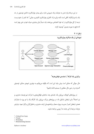 Software Academy www.software-academy.com
۱۶۷
‫ﺍ‬ ‫ﺩﺭ‬‫ﻧﺪﺍﺭﺩ‬ ‫ﺿﺮﻭﺭﺗﻲ‬ ،‫ﺯﻳﺎﺩ‬ ‫ﺕ‬‫ﺟﺰﺋﻴﺎ‬ ‫ﺑﻪ‬ ‫ﺷﺪﻥ‬ ‫ﻭﺍﺭﺩ‬ ‫ﻣﺮﺣﻠﻪ‬ ‫ﻳﻦ‬.‫ﺣﺪ‬ ‫ﺩﺭ‬ ‫ﺗﻮﺻﻴﻔﻲ‬ ‫ﺩﺍﺷﺘﻦ‬ ،‫ﻛﺎﺭﺑﺮﺩ‬‫ﺩ‬‫ﻣﻮﺍﺭ‬ ‫ﺑﻴﺸﺘﺮ‬ ‫ﺑﺮﺍﻱ‬
‫ﺍﺳﺖ‬ ‫ﻛﺎﻓﻲ‬ ‫ﭘﺎﺭﺍﮔﺮﺍﻑ‬ ‫ﺩﻭ‬ ‫ﻳﺎ‬ ‫ﻳﻚ‬.‫ﻛﺎﻣﻞ‬ ‫ﺩﺭﻙ‬ ‫ﺑﺮﺍﻱ‬ ‫ﺍﻟﺒﺘﻪ‬‫ﺣﻴﺎﺗﻲ‬ ‫ﻭ‬ ‫ﻛﻠﻴﺪﻱ‬ ‫ﺩ‬‫ﻛﺎﺭﺑﺮ‬‫ﺩ‬‫ﻣﻮﺍﺭ‬ ‫ﹺ‬‫ﺮ‬‫ﺗ‬١
‫ﺑﻴﺴﺖ‬ ‫ﺩ‬‫ﺣﺪﻭ‬ ‫ﺍﺯ‬ ‫ﻛﻤﺘﺮ‬ ‫ﻛﻪ‬ ،
‫ﹺ‬‫ﻞ‬‫ﻛ‬ ‫ﺍﺯ‬ ‫ﺩﺭﺻﺪ‬‫ﻣﻲ‬ ‫ﺍﺧﺘﺼﺎﺹ‬ ‫ﺧﻮﺩ‬ ‫ﺑﻪ‬ ‫ﺭﺍ‬ ‫ﻛﺎﺭﺑﺮﺩ‬‫ﺩ‬‫ﻣﻮﺍﺭ‬‫ﻧﺴﺒ‬ ‫ﺑﺎﻳﺪ‬ ،‫ﺩﻫﻨﺪ‬‫ﺷﻮﺩ‬ ‫ﺻﺮﻑ‬ ‫ﺑﻴﺸﺘﺮﻱ‬ ‫ﺯﻣﺎﻥ‬ ‫ﹰ‬‫ﺎ‬‫ﺘ‬‫ﺍﺳﺖ‬ ‫ﺑﻬﺘﺮ‬ ‫ﺣﺘﻲ‬ ‫ﻭ‬
‫ﺑﺼﺮﻱ‬ ‫ﺕ‬‫ﺻﻮﺭ‬ ‫ﺑﻪ‬ ‫ﻧﺘﺎﻳﺞ‬ ‫ﻛﻪ‬٢
‫ﮔﺮﺩﺩ‬ ‫ﺗﻮﺻﻴﻒ‬.
‫ﺷﻜﻞ‬۶-۳
‫ﻧﻤﻮﻧﻪ‬‫ﻳﻚ‬ ‫ﺍﺯ‬ ‫ﺍﻱ‬‫ﹺ‬‫ﻡ‬‫ﺩﻳﺎﮔﺮﺍ‬‫ﻛﺎﺭﺑﺮﺩ‬‫ﺩ‬‫ﻣﻮﺍﺭ‬
‫ﻛﺎﺭﮔﺎﻩ‬ ‫ﻳﻚ‬ ‫ﺑﺮﮔﺰﺍﺭﻱ‬
٣
‫ﺟﻠﺴﻪ‬ ‫ﻳﺎ‬‫ﻃﻮﻓﺎﻥ‬ ‫ﻱ‬‫ِﻣﻐﺰﻫﺎ‬
٤
‫ﺍﻳﻦ‬ ‫ﺑﻴﺎﻳﺪ‬ ‫ﭘﻴﺶ‬ ‫ﺍﺳﺖ‬ ‫ﻣﻤﻜﻦ‬ ‫ﻛﻪ‬ ‫ﺳﻮﺍﻟﻲ‬ ‫ﺣﺎﻝ‬‫ﻛﻪ‬ ‫ﺍﺳﺖ‬‫ﻣﻲ‬ ‫ﭼﮕﻮﻧﻪ‬‫ﺑﻬﺘﺮﻳﻦ‬ ‫ﺑﻪ‬ ‫ﺗﻮﺍﻧﻴﻢ‬‫ﺷﻴﻮﻩ‬‫ﺗﻮﺻﻴﻔﻲ‬ ،‫ﻣﻤﻜﻦ‬ ‫ﻱ‬
‫ﺑﺎﺷﻴﻢ؟‬ ‫ﺩﺍﺷﺘﻪ‬ ‫ﺳﻴﺴﺘﻢ‬ ‫ﺍﺯ‬ ‫ﺳﻄﺤﻲ‬ ‫ﺣﺎﻝ‬ ‫ﻋﻴﻦ‬ ‫ﺩﺭ‬ ‫ﻭ‬ ‫ﮔﺴﺘﺮﺩﻩ‬
‫ﭘﺮﻭﮊﻩ‬ ‫ﺩﺭ‬‫ﻣﻲ‬ ،‫ﻛﻮﭼﻚ‬ ‫ﻫﺎﻱ‬‫ﺟﻠﺴﻪ‬ ‫ﻳﻚ‬ ‫ﺗﻮﺍﻥ‬‫ﺳﺎﻋﺘﻪ‬ ‫ﭼﻨﺪ‬ ‫ﻱ‬‫ﻥ‬‫ﻃﻮﻓﺎ‬ ‫ﻱ‬‫ﻣﺸﺘﺮﻱ‬ ،‫ﺗﻮﺳﻌﻪ‬ ‫ﹺ‬‫ﻢ‬‫ﺗﻴ‬ ‫ﺷﺮﻛﺖ‬ ‫ﺑﺎ‬ ‫ﻣﻐﺰﻱ‬،‫ﻭ‬
‫ﺩﺍﺩ‬ ‫ﺗﺸﻜﻴﻞ‬ ‫ﺫﻳﻨﻔﻌﺎﻥ‬ ‫ﹺ‬‫ﺮ‬‫ﺳﺎﻳ‬ ‫ﹰ‬‫ﻻ‬‫ﺍﺣﺘﻤﺎ‬ ‫ﻧﻴﺰ‬.‫ﭘﺮﻭﮊﻩ‬ ‫ﺩﺭ‬‫ﻣﻲ‬ ،‫ﺑﺰﺭﮒ‬ ‫ﻫﺎﻱ‬‫ﻛﺎﺭﮔﺎﻩ‬ ‫ﻳﻚ‬ ‫ﺗﻮﺍﻥ‬‫ﻣﺸﺎﺭ‬ ‫ﺑﺎ‬ ‫ﺭﻭﺯﻩ‬ ‫ﺩﻭ‬ ‫ﻳﺎ‬ ‫ﻳﻚ‬ ِ‫ﺖ‬‫ﻛ‬
‫ﻫﻤﻪ‬‫ﺑﺮﻧﺎﻣﻪ‬ ،‫ﻣﻌﻤﺎﺭ‬ ،‫ﭘﺮﻭﮊﻩ‬ ‫ﻣﺪﻳﺮﻳﺖ‬ ‫ﺍﺯ‬ ‫ﺍﻋﻢ‬ ‫ﺫﻳﻨﻔﻌﺎﻥ‬ ‫ﻱ‬‫ﻣﺸﺘﺮﻱ‬ ،‫ﺍﺭﺷﺪ‬ ‫ﻥ‬‫ﻧﻮﻳﺴﺎ‬،‫ﺗﺤﻠﻴﻞ‬ ‫ﻭ‬‫ﻧﻤﻮﺩ‬ ‫ﺑﺮﮔﺰﺍﺭ‬ ‫ﮔﺮﺍﻥ‬.‫ﺩﺭﺑﺎﺭﻩ‬‫ﻱ‬
‫ﺍﻳﻦ‬ ‫ﺑﺎ‬ ‫ﻣﺮﺗﺒﻂ‬ ‫ﺟﺰﺋﻴﺎﺕ‬‫ﺟﻠﺴﻪ‬‫ﺁﺭ‬ ‫ﺑﻪ‬.‫ﻳﻮ‬.‫ﻧﻤﺎﻳﻴﺪ‬ ‫ﻣﺮﺍﺟﻌﻪ‬ ‫ﭘﻲ‬.
1
- Critical Use Cases
2
- Visual
3
- Workshop
4
- Brainstorming Session
‫ﺁﻏﺎﺯﻳﻦ‬ ‫ﻓﺎﺯ‬)‫ﺷﻨﺎﺧﺖ‬(
 
