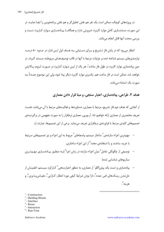 Software Academy www.software-academy.com
۱۸۷
‫ﭘﺮﻭﮊﻩ‬ ‫ﺩﺭ‬‫ﺗﺤﻠﻴﻞ‬ ‫ﻧﻘﺶ‬ ‫ﻫﻢ‬ ‫ﻧﻔﺮ‬ ‫ﻳﻚ‬ ‫ﺍﺳﺖ‬ ‫ﻣﻤﻜﻦ‬ ،‫ﻛﻮﭼﻚ‬ ‫ﻫﺎﻱ‬‫ﺑﺮﻧﺎﻣﻪ‬ ‫ﻧﻘﺶ‬ ‫ﻫﻢ‬ ‫ﻭ‬ ‫ﮔﺮ‬‫ﻧﻤﺎﻳـﺪ‬ ‫ﺍﻳﻔـﺎ‬ ‫ﺭﺍ‬ ‫ﻧﻮﻳﺲ‬.‫ﺩﺭ‬
‫ﻫﻤﮕﺎﻡ‬ ‫ﻭ‬ ‫ﻧﺪﺍﺭﺩ‬ ‫ﺿﺮﻭﺭﺗﻲ‬ ،‫ﻛﺎﺭﺑﺮﺩ‬ ‫ﺩ‬‫ﻣﻮﺍﺭ‬ ‫ﹺ‬‫ﻞ‬‫ﻛﺎﻣ‬ ‫ﻣﺴﺘﻨﺪﺳﺎﺯﻱ‬ ،‫ﺻﻮﺭﺕ‬ ‫ﺍﻳﻦ‬‫ﭘﻴـﺎﺩﻩ‬ ‫ﺑﺎ‬‫ﻭ‬ ‫ﺗـﺴﺖ‬ ،‫ﻛـﺎﺭﺑﺮﺩ‬ ‫ﺩ‬‫ﻣـﻮﺍﺭ‬ ‫ﺳـﺎﺯﻱ‬
‫ﻣﻲ‬ ‫ﺍﻧﺠﺎﻡ‬ ‫ﻗﺎﺑﻞ‬ ‫ﺁﻧﻬﺎ‬ ‫ﺻﺤﺖ‬ ‫ﺑﺮﺭﺳﻲ‬‫ﺑﺎﺷﺪ‬.
‫ﻣﻲ‬ ‫ﺍﻧﺘﻈﺎﺭ‬‫ﺣـﺪﻭﺩ‬ ‫ﺩﺭ‬ ،‫ﻓـﺎﺯ‬ ‫ﺍﻳـﻦ‬ ‫ﹺ‬‫ﻝ‬‫ﺍﻭ‬ ‫ﻫـﺪﻑ‬ ‫ﺑـﻪ‬ ‫ﺩﺳـﺘﻴﺎﺑﻲ‬ ‫ﺑـﺮﺍﻱ‬ ‫ﻭ‬ ‫ﺗـﺸﺮﻳﺢ‬ ‫ﹺ‬‫ﺯ‬‫ﻓﺎ‬ ‫ﭘﺎﻳﺎﻥ‬ ‫ﺩﺭ‬ ‫ﻛﻪ‬ ‫ﺭﻭﺩ‬۸۰‫ﺩﺭﺻـﺪ‬
‫ﻧﻴﺎﺯﻣﻨﺪﻱ‬‫ﺗﻮﺻﻴﻒ‬ ‫ﻗﺎﻟﺐ‬ ‫ﺩﺭ‬ ‫ﺁﻧﻬﺎ‬ ‫ﺑﺎ‬ ‫ﻣﺮﺗﺒﻂ‬ ‫ﺟﺰﺋﻴﺎﺕ‬ ‫ﻭ‬ ‫ﺷﺪﻩ‬ ‫ﺷﻨﺎﺧﺘﻪ‬ ‫ﺳﻴﺴﺘﻢ‬ ‫ﻫﺎﻱ‬‫ﮔـﺮﺩﺩ‬ ‫ﻣـﺴﺘﻨﺪ‬ ،‫ﻣﺮﺑﻮﻃـﻪ‬ ‫ﻫـﺎﻱ‬.‫ﺩﺭ‬
‫ﺣﻴﻦ‬‫ﭘﻴﺎﺩﻩ‬‫ﺳﺎﺧﺖ‬ ‫ﹺ‬‫ﺯ‬‫ﻓﺎ‬ ‫ﻃﻮﻝ‬ ‫ﺩﺭ‬ ‫ﻛﺎﺭﺑﺮﺩ‬ ‫ﺩ‬‫ﻣﻮﺍﺭ‬ ‫ﺳﺎﺯﻱ‬١
‫ﭘـﺎﻻﻳﺶ‬ ،‫ﻟـﺰﻭﻡ‬ ‫ﺻـﻮﺭﺕ‬ ‫ﺩﺭ‬ ‫ﻛـﺎﺭﺑﺮﺩ‬ ‫ﺩ‬‫ﻣـﻮﺍﺭ‬ ‫ﺍﻳـﻦ‬ ‫ﺍﺯ‬ ‫ﻳﻚ‬ ‫ﻫﺮ‬ ،
‫ﺷﺪ‬ ‫ﺧﻮﺍﻫﻨﺪ‬.‫ﺑـﻪ‬ ‫ﹰ‬‫ﺎ‬‫ﻋﻤـﺪﺗ‬ ‫ﻣﻮﺿﻮﻉ‬ ‫ﺍﻳﻦ‬ ‫ﻭﻟﻲ‬ ،‫ﺷﻮﺩ‬ ‫ﭘﻴﺪﺍ‬ ‫ﺩﻳﮕﺮ‬ ‫ﻛﺎﺭﺑﺮﺩ‬ ‫ﺩ‬‫ﻣﻮﺍﺭ‬ ‫ﻳﻜﺴﺮﻱ‬ ،‫ﻫﻢ‬ ‫ﺳﺎﺧﺖ‬ ‫ﹺ‬‫ﺯ‬‫ﻓﺎ‬ ‫ﺩﺭ‬ ‫ﺍﺳﺖ‬ ‫ﻣﻤﻜﻦ‬
‫ﻣﻲ‬ ‫ﺍﺳﺘﺜﻨﺎﺀ‬ ‫ﻳﻚ‬ ‫ﺻﻮﺭﺕ‬‫ﺑﺎﺷﺪ‬.
‫ﻫﺪﻑ‬۲.‫ﭘﻴﺎﺩﻩ‬ ،‫ﻃﺮﺍﺣﻲ‬‫ﺳﻨﺠﻲ‬ ‫ﺍﻋﺘﺒﺎﺭ‬ ،‫ﺳﺎﺯﻱ‬،‫ﻣ‬ ‫ﻭ‬‫ﻣﻌﻤﺎﺭﻱ‬ ‫ﻥ‬‫ﺩﺍﺩ‬ ‫ﻗﺮﺍﺭ‬ ‫ﺒﻨﺎ‬
‫ﻓﻌﺎﻟﻴﺖ‬ ‫ﻭ‬ ،‫ﺩﺳﺘﺎﻭﺭﺩﻫﺎ‬ ،‫ﻣﻌﻤﺎﺭﻱ‬ ‫ﺑﺎ‬ ‫ﻣﺮﺗﺒﻂ‬ ،‫ﺗﺸﺮﻳﺢ‬ ‫ﹺ‬‫ﺯ‬‫ﻓﺎ‬ ‫ﺩﻭﻡ‬ ‫ﻑ‬‫ﻫﺪ‬ ‫ﻛﻪ‬ ‫ﺁﻧﺠﺎﻳﻲ‬ ‫ﺍﺯ‬‫ﻣﻲ‬ ‫ﺁﻥ‬ ‫ﺑﺎ‬ ‫ﻣﺮﺗﺒﻂ‬ ‫ﻫﺎﻱ‬‫ﻧﺨﺴﺖ‬ ،‫ﺑﺎﺷﺪ‬
‫ﺩﺍﺩ‬ ‫ﺧﻮﺍﻫﻴﻢ‬ ‫ﺍﺭﺍﺋﻪ‬ ‫ﻣﻌﻤﺎﺭﻱ‬ ‫ﺍﺯ‬ ‫ﻣﺨﺘﺼﺮﻱ‬ ‫ﺗﻌﺮﻳﻒ‬.‫ﺁﺭ‬.‫ﻳﻮ‬.‫ﻧﺮﻡ‬ ‫ﻣﻌﻤﺎﺭﻱ‬ ،‫ﭘﻲ‬‫ﺑﺮﮔﻴﺮﻧـﺪﻩ‬ ‫ﺩﺭ‬ ‫ﻣﻔﻬﻮﻣﻲ‬ ‫ﺻﻮﺭﺕ‬ ‫ﺑﻪ‬ ‫ﺭﺍ‬ ‫ﺍﻓﺰﺍﺭ‬‫ﻱ‬
‫ﺗﺼﻤﻴﻢ‬‫ﻓﺮﺍﻭﺭﺩﻩ‬ ‫ﺑﺎ‬ ‫ﻣﺮﺗﺒﻂ‬ ‫ﻛﻠﻴﺪﻱ‬ ‫ﻫﺎﻱ‬‫ﻧﺮﻡ‬ ‫ﻱ‬‫ﻣﻲ‬ ‫ﺗﻌﺮﻳﻒ‬ ‫ﺍﻓﺰﺍﺭﻱ‬‫ﻧﻤﺎﻳﺪ‬.‫ﺗﺼﻤﻴﻢ‬ ‫ﺍﻳﻦ‬ ‫ﺍﺯ‬ ‫ﺑﺮﺧﻲ‬‫ﺍﺯ‬ ‫ﻋﺒﺎﺭﺗﻨﺪ‬ ،‫ﻫﺎ‬:
-‫ﻣﻬﻢ‬‫ﺳﺎﺯﻧﺪﻩ‬ ‫ﺍﺟﺰﺍﺀ‬ ‫ﺗﺮﻳﻦ‬‫ﻱ‬٢
‫ﻭﺍﺳﻂ‬ ،‫ﺳﻴﺴﺘﻢ‬ ‫ﺳﺎﺧﺘﺎﺭ‬‫ﻫﺎﻱ‬٣
‫ﺗﺼﻤﻴﻢ‬ ‫ﻧﻴﺰ‬ ‫ﻭ‬ ‫ﺍﺟﺰﺍﺀ‬ ‫ﺍﻳﻦ‬ ‫ﺑﻪ‬ ‫ﻣﺮﺑﻮﻁ‬‫ﻣـﺮﺗﺒﻂ‬ ‫ﻫﺎﻱ‬
‫ﺍﺳﺘﻔﺎﺩﻩ‬ ‫ﻳﺎ‬ ‫ﻭ‬ ،‫ﺳﺎﺧﺖ‬ ،‫ﺧﺮﻳﺪ‬ ‫ﺑﺎ‬‫ﻣﺠﺪﺩ‬ ‫ﻱ‬٤
‫ﺳﺎﺧﺘﺎﺭﻱ‬ ‫ﺍﺟﺰﺍﺀ‬ ‫ﺍﻳﻦ‬ ‫ﺍﺯ‬.
-‫ﺗﻌﺎﻣﻞ‬ ‫ﭼﮕﻮﻧﮕﻲ‬ ‫ﺍﺯ‬ ‫ﺗﻮﺻﻴﻔﻲ‬٥
‫ﺩﺭ‬ ‫ﺳﺎﺯﻧﺪﻩ‬ ‫ﺍﺟﺰﺍﺀ‬ ‫ﻣﻴﺎﻥ‬‫ﺍﺟﺮﺍ‬ ‫ﻥ‬‫ﺯﻣﺎ‬٦
)‫ﭘﻴـﺎﺩﻩ‬ ‫ﻣﻨﻈـﻮﺭ‬ ‫ﺑـﻪ‬‫ﻣﻬـﻢ‬ ‫ﺳـﺎﺯﻱ‬‫ﺗـﺮﻳﻦ‬
‫ﺷﺪﻩ‬ ‫ﺷﻨﺎﺳﺎﻳﻲ‬ ‫ﺳﻨﺎﺭﻳﻮﻫﺎﻱ‬(
-‫ﭘﻴﺎﺩﻩ‬‫ﭘﻴﺶ‬ ‫ﻳﻚ‬ ‫ﺖ‬‫ﺗﺴ‬ ‫ﻭ‬ ‫ﺳﺎﺯﻱ‬‫ﺍﻟﮕﻮ‬١
‫ﺍﻋﺘﺒﺎﺭﺳﻨﺠﻲ‬ ‫ﹺ‬‫ﺭ‬‫ﻣﻨﻈﻮ‬ ‫ﺑﻪ‬ ،‫ﻣﻌﻤﺎﺭﻱ‬ ‫ﺍﺯ‬٢
‫ﺍﺯ‬ ‫ﺍﻃﻤﻴﻨـﺎﻥ‬ ،‫ﺳﻴـﺴﺘﻢ‬ ‫ﺩ‬‫ﺮ‬‫ﻛ‬‫ﻛـﺎﺭ‬
‫ﺣﻞ‬‫ﺭﻳﺴﻚ‬ ‫ﺷﺪﻥ‬‫ﻋﻤﺪﻩ‬ ‫ﻓﻨﻲ‬ ‫ﻫﺎﻱ‬٣
‫ﻛـﺎﺭﺍﻳﻲ‬ ،‫ﺍﻧﺘﻈﺎﺭ‬ ‫ﻣﻮﺭﺩ‬ ‫ﻛﻴﻔﻲ‬ ‫ﺷﺮﺍﻳﻂ‬ ‫ﺑﻮﺩﻥ‬ ‫ﺩﺍﺭﺍ‬ ،٤
‫ﻣﻘﻴـﺎﺱ‬ ،‫ﭘـﺬﻳﺮﻱ‬٥
‫ﻭ‬ ،
‫ﻫﺰﻳﻨﻪ‬٦
.
1
- Construction
2
- Building Blocks
3
- Interface
4
- Reuse
5
- Interaction
6
- Run-Time
‫ﺗﺸﺮﻳﺢ‬ ‫ﻓﺎﺯ‬)‫ﻣﻌﻤﺎﺭ‬‫ﻱ‬(
 