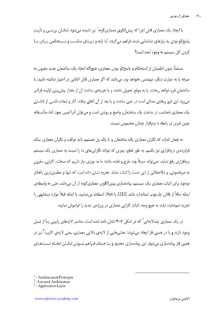 ‫ﺁﺭ‬ ‫ﻣﻌﺮﻓﻲ‬.‫ﻳﻮ‬.‫ﭘﻲ‬
‫ﺁﻛﺎﺩ‬‫ﻧﺮﻡ‬ ‫ﻣﻲ‬‫ﺍﻓﺰﺍﺭ‬www.software-academy.com
۱۹۰
‫ﭘﻴﺶ‬ ‫ﻛﻪ‬ ‫ﺍﺟﺮﺍ‬ ‫ﹺ‬‫ﻞ‬‫ﻗﺎﺑ‬ ‫ﻣﻌﻤﺎﺭﻱ‬ ‫ﻳﻚ‬ ‫ﺍﻳﺠﺎﺩ‬ ‫ﺑﺎ‬‫ﻣﻌﻤﺎ‬ ‫ﹺ‬‫ﻱ‬‫ﺍﻟﮕﻮ‬‫ﺭﻱ‬‫ﮔﻮﻧﻪ‬١
‫ﻣﻲ‬ ‫ﻧﺎﻣﻴﺪﻩ‬ ‫ﻧﻴﺰ‬‫ﺪ‬‫ﺗﺄﻳﻴـ‬ ‫ﻭ‬ ‫ﺑﺮﺭﺳـﻲ‬ ‫ﻣﻜـﺎﻥ‬‫ﺍ‬ ،‫ﺷﻮﺩ‬
‫ﭘﺎﺳﺦ‬‫ﻣﻲ‬ ‫ﻓﺮﺍﻫﻢ‬ ،‫ﺷﺪﻩ‬ ‫ﺷﻨﺎﺳﺎﻳﻲ‬ ‫ﻧﻴﺎﺯﻫﺎﻱ‬ ‫ﺑﻪ‬ ‫ﺑﻮﺩﻥ‬ ‫ﮔﻮ‬‫ﮔﺮﺩﺩ‬.‫ﺑﻨـﺎ‬ ‫ﺑـﺮﺍﻱ‬ ‫ﻣـﺴﺘﺤﻜﻤﻲ‬ ‫ﻭ‬ ‫ﻣﻨﺎﺳـﺐ‬ ‫ﺯﻳﺮﺑﻨﺎﻱ‬ ‫ﻭ‬ ‫ﭘﺎﻳﻪ‬ ‫ﺁﻳﺎ‬
‫ﺍﺳﺖ؟‬ ‫ﺁﻣﺪﻩ‬ ‫ﻭﺟﻮﺩ‬ ‫ﺑﻪ‬ ‫ﺳﻴﺴﺘﻢ‬ ‫ﹺ‬‫ﻞ‬‫ﻛ‬ ‫ﻛﺮﺩﻥ‬
‫ﭘﺎﺳﺦ‬ ‫ﻭ‬ ‫ﺳﺘﺤﻜﺎﻡ‬‫ﺍ‬ ‫ﺍﺯ‬ ‫ﺍﻃﻤﻴﻨﺎﻥ‬ ‫ﺑﺪﻭﻥ‬ ،‫ﹰ‬‫ﺎ‬‫ﻣﺴﻠﻤ‬‫ﻫﻴﭻ‬ ،‫ﻣﻌﻤﺎﺭﻱ‬ ‫ﺑﻮﺩﻥ‬ ‫ﮔﻮ‬‫ﺳﺎﺧ‬ ‫ﻳﻚ‬ ‫ﺍﻳﺠﺎﺩ‬ ‫ﮔﺎﻩ‬‫ﺑﻪ‬ ‫ﻣﻘﺮﻭﻥ‬ ‫ﺟﺪﻳﺪ‬ ‫ﻥ‬‫ﺘﻤﺎ‬
‫ﺑﻮﺩ‬ ‫ﻧﺨﻮﺍﻫﺪ‬ ‫ﻣﻬﻨﺪﺳﻲ‬ ،‫ﺩﻳﮕﺮ‬ ‫ﻋﺒﺎﺭﺕ‬ ‫ﺑﻪ‬ ‫ﻳﺎ‬ ‫ﺻﺮﻓﻪ‬.‫ﻣﻲ‬‫ﻳﺎ‬ ،‫ﺑﺎﺷﻴﺪ‬ ‫ﻧﺪﺍﺷﺘﻪ‬ ‫ﺍﺧﺘﻴﺎﺭ‬ ‫ﺩﺭ‬ ‫ﺍﺗﻜﺎﻳﻲ‬ ‫ﻗﺎﺑﻞ‬ ‫ﻣﻌﻤﺎﺭﻱ‬ ‫ﺍﮔﺮ‬ ‫ﻛﻪ‬ ‫ﺩﺍﻧﻴﺪ‬
‫ﻫﺰﻳﻨﻪ‬ ‫ﻳﺎ‬ ‫ﻭ‬ ،‫ﻧﺸﺪﻩ‬ ‫ﺗﺤﻮﻳﻞ‬ ‫ﻣﻮﻗﻊ‬ ‫ﺑﻪ‬ ‫ﻳﺎ‬ ،‫ﺭﻳﺨﺖ‬ ‫ﺧﻮﺍﻫﺪ‬ ‫ﻓﺮﻭ‬ ‫ﺳﺎﺧﺘﻤﺎﻥ‬‫ﭘﻴﺶ‬ ‫ﻣﻘﺪﺍﺭ‬ ‫ﺍﺯ‬ ‫ﺁﻥ‬ ‫ﺳﺎﺧﺖ‬ ‫ﻱ‬‫ﻓﺮﺍﺗـﺮ‬ ‫ﺍﻭﻟﻴـﻪ‬ ‫ﺑﻴﻨﻲ‬
‫ﻣﻲ‬‫ﺭﻭﺩ‬.‫ﺩﺭ‬ ‫ﺍﺳﺖ‬ ‫ﻣﻤﻜﻦ‬ ‫ﺭﻳﺨﺘﻦ‬ ‫ﻓﺮﻭ‬ ‫ﺍﻳﻦ‬‫ﺑﻴﺎﻓﺘﺪ‬ ‫ﺍﺗﻔﺎﻕ‬ ‫ﺁﻥ‬ ‫ﺍﺯ‬ ‫ﺑﻌﺪ‬ ‫ﻳﺎ‬ ‫ﻭ‬ ‫ﺳﺎﺧﺖ‬ ‫ﺣﻴﻦ‬.‫ﺩﺍﺷـﺘﻦ‬ ‫ﺍﺯ‬ ‫ﻧﺎﺷـﻲ‬ ‫ﺕ‬‫ﺗﺒﻌﺎ‬ ‫ﻭ‬ ‫ﺁﺛﺎﺭ‬
‫ﻣﻲ‬ ‫ﻭ‬ ‫ﺍﺳﺖ‬ ‫ﺭﻭﺷﻦ‬ ‫ﻭ‬ ‫ﻭﺍﺿﺢ‬ ،‫ﺳﺎﺧﺘﻤﺎﻥ‬ ‫ﻳﻚ‬ ‫ﺳﺎﺧﺖ‬ ‫ﺩﺭ‬ ‫ﻧﺎﻣﻨﺎﺳﺐ‬ ‫ﻣﻌﻤﺎﺭﻱ‬ ‫ﻳﻚ‬‫ﻧﻤﻮﺩ‬ ‫ﻟﻤﺲ‬ ‫ﺁﻧﺮﺍ‬ ‫ﺗﻮﺍﻥ‬.‫ﻣﺘﺄﺳـﻔﺎﻧﻪ‬ ،‫ﺎ‬‫ﻣ‬‫ﺍ‬
‫ﻧﺮﻡ‬ ‫ﺑﺎ‬ ‫ﺭﺍﺑﻄﻪ‬ ‫ﺩﺭ‬ ‫ﺍﻣﺮﻱ‬ ‫ﭼﻨﻴﻦ‬‫ﻧﻴﺴﺖ‬ ‫ﻣﺤﺴﻮﺱ‬ ‫ﭼﻨﺪﺍﻥ‬ ‫ﺍﻓﺰﺍﺭ‬.
‫ﻭ‬ ‫ﺳﺎﺧﺘﻤﺎﻥ‬ ‫ﻳﻚ‬ ‫ﻣﻌﻤﺎﺭﻱ‬ ‫ﻥ‬‫ﻧﮕﺮﺍ‬ ‫ﻛﻪ‬ ‫ﺍﻧﺪﺍﺯﻩ‬ ‫ﻫﻤﺎﻥ‬ ‫ﺑﻪ‬‫ﻳـﻚ‬ ‫ﻣﻌﻤﺎﺭﻱ‬ ‫ﻥ‬‫ﻧﮕﺮﺍ‬ ‫ﻭ‬ ‫ﻣﺮﺍﻗﺐ‬ ‫ﺑﺎﻳﺪ‬ ،‫ﻫﺴﺘﻴﻢ‬ ‫ﭘﻞ‬ ‫ﻳﻚ‬ ‫ﻳﺎ‬
‫ﻓﺮﺍﻭﺭﺩﻩ‬‫ﻧﺮﻡ‬ ‫ﻱ‬‫ﺑﺎﺷﻴﻢ‬ ‫ﻧﻴﺰ‬ ‫ﺍﻓﺰﺍﺭﻱ‬.‫ﻧﮕﺮﺍﻧﻲ‬ ‫ﺑﺘﻮﺍﻧﺪ‬ ‫ﻛﻪ‬ ‫ﭼﻴﺰﻱ‬ ،‫ﻗﻄﻊ‬ ‫ﻃﻮﺭ‬ ‫ﺑﻪ‬‫ﺳﻴﺴﺘﻢ‬ ‫ﻳﻚ‬ ‫ﻣﻌﻤﺎﺭﻱ‬ ‫ﺑﻪ‬ ‫ﻧﺴﺒﺖ‬ ‫ﺭﺍ‬ ‫ﻣﺎ‬ ‫ﻫﺎﻱ‬
‫ﻧﺮﻡ‬‫ﻧﻤﻲ‬ ،‫ﻧﻤﺎﻳﺪ‬ ‫ﺭﻓﻊ‬ ‫ﺍﻓﺰﺍﺭﻱ‬‫ﻣﻘﺮﻭﻥ‬ ،‫ﻛﺎﺭﺍﻳﻲ‬ ،‫ﺖ‬‫ﺤ‬‫ﺻ‬ ‫ﻛﻪ‬ ‫ﺩﺍﺭﻳﻢ‬ ‫ﻧﻴﺎﺯ‬ ‫ﭼﻴﺰﻱ‬ ‫ﺑﻪ‬ ‫ﻣﺎ‬ ‫ﺑﺎﺷﺪ؛‬ ‫ﻧﻘﺸﻪ‬ ‫ﻭ‬ ‫ﻃﺮﺡ‬ ‫ﭼﻨﺪ‬ ‫ﹰ‬‫ﺎ‬‫ﺻﺮﻓ‬ ‫ﺗﻮﺍﻧﺪ‬
‫ﺻﺮﻓ‬ ‫ﺑﻪ‬‫ﻪ‬‫ﻧﻤﺎﻳﺪ‬ ‫ﺍﺛﺒﺎﺕ‬ ‫ﺭﺍ‬ ‫ﺩﺳﺖ‬ ‫ﺍﻳﻦ‬ ‫ﺍﺯ‬ ‫ﻣﻼﺣﻈﺎﺗﻲ‬ ‫ﻭ‬ ،‫ﺑﻮﺩﻥ‬.‫ﻣﻄﻤﺌﻦ‬ ‫ﻭ‬ ‫ﺗﻨﻬﺎ‬ ‫ﻛﻪ‬ ‫ﺍﺳﺖ‬ ‫ﺩﺍﺩﻩ‬ ‫ﻧﺸﺎﻥ‬ ‫ﺗﺠﺮﺑﻪ‬‫ﺭﺍﻫﻜﺎﺭ‬ ‫ﺗﺮﻳﻦ‬
‫ﭘﻴﺎﺩﻩ‬ ،‫ﺳﻴﺴﺘﻢ‬ ‫ﻳﻚ‬ ‫ﻣﻌﻤﺎﺭﻱ‬ ‫ﺍﺛﺒﺎﺕ‬ ‫ﺑﺮﺍﻱ‬ ‫ﻣﻮﺟﻮﺩ‬‫ﭘﻴﺶ‬ ‫ﺳﺎﺯﻱ‬‫ﻣﻌﻤﺎﺭﻱ‬ ‫ﹺ‬‫ﻱ‬‫ﺍﻟﮕﻮ‬‫ﻣﻲ‬ ‫ﺁﻥ‬ ‫ﺍﺯ‬ ‫ﮔﻮﻧﻪ‬‫ﺑﺎﺷﺪ‬.‫ﻭﺍﺳﻄﻪ‬ ‫ﺑﻪ‬ ‫ﺣﺘﻲ‬‫ﻱ‬
‫ﻣﺎﻧﻨﺪ‬ ‫ﺍﺳﺘﺎﻧﺪﺍﺭﺩ‬ ‫ﭼﺎﺭﭼﻮﺏ‬ ‫ﻓﻼﻥ‬ ‫ﺍﺯ‬ ‫ﹰ‬‫ﻼ‬‫ﻣﺜ‬ ‫ﺍﻳﻨﻜﻪ‬J2EE‫ﻳﺎ‬.Net‫ﺍﺳﺘﻔﺎﺩﻩ‬‫ﻣﻲ‬‫ﺭﺍ‬ ‫ﻣـﺸﺎﺑﻬﻲ‬ ‫ﻣﻮﺍﺭﺩ‬ ‫ﹰ‬‫ﻼ‬‫ﻗﺒ‬ ‫ﺍﻳﻨﻜﻪ‬ ‫ﻳﺎ‬ ،‫ﻧﻤﺎﻳﻴﺪ‬
‫ﻧﻤﻮﺩﻩ‬ ‫ﺗﺠﺮﺑﻪ‬‫ﭘﺮﻭﮊﻩ‬ ‫ﺩﺭ‬ ‫ﻣﻌﻤﺎﺭﻱ‬ ‫ﻛﺎﺭﺍﻳﻲ‬ ‫ﺕ‬‫ﺍﺛﺒﺎ‬ ،‫ﻭﺟﻪ‬ ‫ﻫﻴﭻ‬ ‫ﺑﻪ‬ ‫ﻧﺒﺎﻳﺪ‬ ،‫ﺍﻳﺪ‬‫ﻧﻤﺎﻳﻴﺪ‬ ‫ﻓﺮﺍﻣﻮﺵ‬ ‫ﺭﺍ‬ ‫ﺟﺪﻳﺪ‬ ‫ﻱ‬.
‫ﭼﻨﺪﻻﻳﻪ‬ ‫ﻣﻌﻤﺎﺭﻱ‬ ‫ﻳﻚ‬ ‫ﺩﺭ‬‫ﺍﻱ‬٢
‫ﺷﻜﻞ‬ ‫ﺩﺭ‬ ‫ﻛﻪ‬۷-۴‫ﻻﻳﻪ‬ ‫ﻋﻨﺎﺻﺮ‬ ،‫ﺍﺳﺖ‬ ‫ﺷﺪﻩ‬ ‫ﺩﺍﺩﻩ‬ ‫ﻧﺸﺎﻥ‬‫ﻗﺒـﻞ‬ ‫ﺍﺯ‬ ‫ﻳـﺎ‬ ‫ﭘﺎﻳﻴﻨﻲ‬ ‫ﻫﺎﻱ‬
‫ﺍﻳﺠﺎﺩ‬ ‫ﻓﺎﺯ‬ ‫ﻫﻤﻴﻦ‬ ‫ﺩﺭ‬ ‫ﻳﺎ‬ ‫ﻭ‬ ‫ﺩﺍﺭﻧﺪ‬ ‫ﻭﺟﻮﺩ‬‫ﻣﻲ‬‫ﺑﺨﺶ‬ ‫ﺷﻮﻧﺪ؛‬‫ﻻﻳﻪ‬ ‫ﺍﺯ‬ ‫ﻫﺎﻳﻲ‬‫ﻻﻳﻪ‬ ‫ﻳﻌﻨﻲ‬ ،‫ﻣﻌﻤﺎﺭﻱ‬ ‫ﺑﺎﻻﻳﻲ‬ ‫ﻱ‬‫ﻛﺎﺭﺑﺮﺩ‬ ‫ﻱ‬٣
‫ﺩﺭ‬ ‫ﻧﻴﺰ‬
‫ﭘﻴﺎﺩﻩ‬ ‫ﻓﺎﺯ‬ ‫ﻫﻤﻴﻦ‬‫ﻣﻲ‬ ‫ﺳﺎﺯﻱ‬‫ﺷﻮﺩ‬.‫ﭘﻴﺎﺩﻩ‬ ‫ﺍﻳﻦ‬‫ﺗـﺴﺖ‬ ‫ﺍﻧﺠـﺎﻡ‬ ‫ﺍﻣﻜـﺎﻥ‬ ‫ﻥ‬‫ﻧﻤـﻮﺩ‬ ‫ﻓـﺮﺍﻫﻢ‬ ‫ﻑ‬‫ﻫـﺪ‬ ‫ﺑـﺎ‬ ‫ﻭ‬ ‫ﻣﺤﺪﻭﺩ‬ ‫ﺳﺎﺯﻱ‬‫ﻫـﺎﻱ‬
1
- Architectural Prototype
2
- Layered Architecture
3
- Application Layer
 