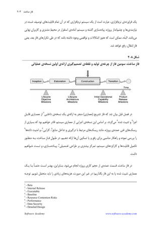 Software Academy www.software-academy.com
۲۰۳
‫ﻳﻚ‬‫ﻓﺮﺍﻭﺭﺩﻩ‬‫ﻧﺮﻡ‬ ‫ﻱ‬،‫ﺍﻓﺰﺍﺭﻱ‬‫ﻳ‬ ‫ﺍﺯ‬ ‫ﺍﺳﺖ‬ ‫ﻋﺒﺎﺭﺕ‬‫ﹺ‬‫ﻢ‬‫ﺳﻴﺴﺘ‬ ‫ﻚ‬‫ﻧﺮﻡ‬‫ﻗﺎﺑﻠﻴﺖ‬ ‫ﺗﻤﺎﻡ‬ ‫ﺁﻥ‬ ‫ﺩﺭ‬ ‫ﻛﻪ‬ ‫ﺍﻓﺰﺍﺭﻱ‬‫ﺩﺭ‬ ‫ﺷـﺪﻩ‬ ‫ﺗﻮﺻﻴﻒ‬ ‫ﻫﺎﻱ‬
‫ﻧﻴﺎﺯﻣﻨﺪﻱ‬‫ﭼﺸﻢ‬ ‫ﻭ‬ ‫ﻫﺎ‬‫ﭘﻴﺎﺩﻩ‬ ،‫ﭘﺮﻭﮊﻩ‬ ‫ﺍﻧﺪﺍﺯ‬‫ﺳﺎﺯﻱ‬‫ﮔﺸﺘﻪ‬‫ﺁﻣﺎﺩﻩ‬ ‫ﺳﻴﺴﺘﻢ‬ ‫ﻭ‬‫ﻂ‬‫ﻣﺤﻴ‬ ‫ﺩﺭ‬ ‫ﺍﺳﺘﻘﺮﺍﺭ‬ ‫ﻱ‬‫ﻛﺎ‬ ‫ﻭ‬ ‫ﻣﺸﺘﺮﻱ‬‫ﺭ‬‫ﻥ‬‫ﺑﺮﺍ‬‫ﻧﻬﺎﻳﻲ‬
‫ﻣﻲ‬‫ﺑﺎﺷﺪ‬.‫ﹼ‬‫ﺘ‬‫ﺍﻟﺒ‬‫ﻪ‬،‫ﹺ‬‫ﺯ‬‫ﻓﺎ‬ ‫ﺗﻜﺮﺍﺭﻫﺎﻱ‬ ‫ﻃﻲ‬ ‫ﺩﺭ‬ ‫ﻛﻪ‬ ‫ﺑﺎﺷﺪ‬ ‫ﺩﺍﺷﺘﻪ‬ ‫ﻭﺟﻮﺩ‬ ‫ﻧﻮﺍﻗﺼﻲ‬ ‫ﻭ‬ ‫ﺍﺷﻜﺎﻻﺕ‬ ‫ﻫﻨﻮﺯ‬ ‫ﻛﻪ‬ ‫ﺍﺳﺖ‬ ‫ﻣﻤﻜﻦ‬‫ﺑﻌﺪ‬،‫ﻳﻌﻨﻲ‬
‫ﹺ‬‫ﺯ‬‫ﻓﺎ‬‫ﺍ‬‫ﺷﺪ‬ ‫ﺧﻮﺍﻫﺪ‬ ‫ﺭﻓﻊ‬ ،‫ﻧﺘﻘﺎﻝ‬.
‫ﺷﻜﻞ‬۸-۲
‫ﹺ‬‫ﺯ‬‫ﻓﺎ‬‫ﭼﺮﺧﻪ‬ ‫ﺍﺯ‬ ‫ﻓﺎﺯ‬ ‫ﺳﻮﻣﻴﻦ‬ ،‫ﺳﺎﺧﺖ‬‫ﻱ‬‫ﻧﻘﻄﻪ‬ ‫ﻭ‬ ‫ﺗﻮﻟﻴﺪ‬‫ﺗﺼﻤﻴﻢ‬ ‫ﻱ‬‫ﺍﺭﺍﺋﻪ‬ ‫ﮔﻴﺮﻱ‬‫ﻧﺴﺨﻪ‬ ‫ﺍﻭﻟﻴﻦ‬ ‫ﻱ‬‫ﻋﻤﻠﻴﺎﺗﻲ‬ ‫ﻱ‬
‫ﺗﺸﺮﻳﺢ‬ ‫ﻓﺎﺯ‬ ‫ﻛﻪ‬ ‫ﺷﺪ‬ ‫ﺑﻴﺎﻥ‬ ‫ﻗﺒﻞ‬ ‫ﻓﺼﻞ‬ ‫ﺩﺭ‬)‫ﻣﻌﻤﺎﺭﻱ‬(‫ﺍﺭﺍ‬ ‫ﺑﻪ‬ ‫ﻣﻨﺠﺮ‬‫ﺋ‬‫ﻪ‬‫ﻧﺴﺨﻪ‬ ‫ﻳﻚ‬ ‫ﻱ‬‫ﺩﺍﺧﻠـﻲ‬ ‫ﻱ‬٢
‫ﹺ‬‫ﻞ‬‫ﻗﺎﺑـ‬ ‫ﻣﻌﻤـﺎﺭﻱ‬ ‫ﺍﺯ‬
‫ﺍﺟﺮﺍ‬٣
‫ﺷ‬ ‫ﺗﺜﺒﻴﺖ‬ ‫ﻭ‬‫ﺪﻩ‬٤
‫ﻣﻲ‬‫ﮔﺮﺩﺩ‬.‫ﻧﺴﺨﻪ‬ ‫ﺍﻳﻦ‬ ‫ﺍﺳﺎﺱ‬ ‫ﺑﺮ‬‫ﺍﺟﺮﺍﻳﻲ‬ ‫ﻱ‬‫ﺍﺯ‬‫ﺑﺴﻴﺎ‬ ‫ﻛﻪ‬ ‫ﺑﻮﺩ‬ ‫ﺧﻮﺍﻫﻴﻢ‬ ‫ﻗﺎﺩﺭ‬ ،‫ﺳﻴﺴﺘﻢ‬ ‫ﻣﻌﻤﺎﺭﻱ‬‫ﺍﺯ‬ ‫ﺭﻱ‬
‫ﺭﻳﺴﻚ‬‫ﻋﻤﺪﻩ‬ ‫ﻓﻨﻲ‬ ‫ﻫﺎﻱ‬‫ﭘﺮﻭﮊﻩ‬ ‫ﻱ‬،‫ﻣﺎﻧﻨﺪ‬‫ﺭﻳﺴﻚ‬‫ﻣﻨﺎﺑﻊ‬ ‫ﺗﺪﺍﺧﻞ‬ ‫ﻭ‬ ‫ﺩﺭﮔﻴﺮﻱ‬ ‫ﺑﺎ‬ ‫ﻣﺮﺗﺒﻂ‬ ‫ﻫﺎﻱ‬٥
‫ﻛﺎﺭﺍﻳﻲ‬ ،٦
،‫ﺩﺍﺩﻩ‬ ‫ﺍﻣﻨﻴﺖ‬ ‫ﻭ‬‫ﻫﺎ‬٧
‫ﺭﺍﻫﻜ‬ ‫ﻭ‬ ‫ﻧﻤﻮﺩﻩ‬ ‫ﺑﺮﺭﺳﻲ‬ ‫ﺭﺍ‬‫ﺁﻥ‬ ‫ﺗﺴﻜﻴﻦ‬ ‫ﻳﺎ‬ ‫ﻭ‬ ‫ﺭﻓﻊ‬ ‫ﺑﺮﺍﻱ‬ ‫ﻣﻨﺎﺳﺒﻲ‬ ‫ﺎﺭ‬‫ﺍﺭﺍ‬ ‫ﻫﺎ‬‫ﺋ‬‫ﺩﻫـﻴﻢ‬ ‫ﻪ‬.‫ﺩﺭ‬‫ﹺ‬‫ﻝ‬‫ﻃـﻮ‬‫ﹺ‬‫ﺯ‬‫ﻓـﺎ‬‫ﻣﻨﻈـﻮﺭ‬ ‫ﺑـﻪ‬ ،‫ﺳـﺎﺧﺖ‬
‫ﻗﺎﺑﻠﻴﺖ‬ ‫ﺗﻜﻤﻴﻞ‬‫ﻫﺎ‬‫ﺮﺩﻫﺎ‬‫ﻛ‬‫ﻛﺎﺭ‬ ‫ﻭ‬‫ﺗﻔـﺼﻴﻠﻲ‬ ‫ﻃﺮﺍﺣﻲ‬ ‫ﺑﺮ‬ ‫ﺑﻴﺸﺘﺮﻱ‬ ‫ﺗﻤﺮﻛﺰ‬ ،‫ﺳﻴﺴﺘﻢ‬ ‫ﻱ‬٨
‫ﭘﻴـﺎﺩﻩ‬ ،‫ﺳـﺎﺯﻱ‬،‫ﺧـﻮﺍﻫﻴﻢ‬ ‫ﺗـﺴﺖ‬ ‫ﻭ‬
‫ﺩﺍﺷﺖ‬.
‫ﹺ‬‫ﺯ‬‫ﻓﺎ‬ ‫ﺩﺭ‬‫ﺳﺎﺧﺖ‬،‫ﻋﻤﺪﻩ‬ ‫ﻗﺴﻤﺖ‬‫ﻱ‬‫ﺍﺯ‬‫ﻣﻲ‬ ‫ﺍﻧﺠﺎﻡ‬ ‫ﭘﺮﻭﮊﻩ‬ ‫ﻛﺎﺭﻱ‬ ‫ﺣﺠﻢ‬‫ﺷﻮﺩ‬.‫ﺑﻨـﺎﺑﺮﺍﻳﻦ‬،‫ﻳـﻚ‬ ‫ﺑـﺎ‬ ‫ﹰ‬‫ﺎ‬‫ﺣﺘﻤـ‬ ‫ﺍﺳـﺖ‬ ‫ﺑﻬﺘـﺮ‬
‫ﺩﺭ‬ ‫ﺑﮕﺬﺍﺭﻳﻢ؛‬ ‫ﻓﺎﺯ‬ ‫ﺍﻳﻦ‬ ‫ﺑﻪ‬ ‫ﭘﺎ‬ ‫ﺷﺪﻩ‬ ‫ﺗﺜﺒﻴﺖ‬ ‫ﻣﻌﻤﺎﺭﻱ‬‫ﺻﻮﺭﺕ‬ ‫ﺍﻳﻦ‬ ‫ﻏﻴﺮ‬،‫ﻫﺰﻳﻨﻪ‬‫ﻤ‬‫ﻣﺘﺤ‬ ‫ﺑﺎﻳﺪ‬ ‫ﺭﺍ‬ ‫ﺯﻳﺎﺩﻱ‬ ‫ﻫﺎﻱ‬‫ﺷﻮﻳﻢ‬ ‫ﻞ‬.‫ﺗﻮﺟـﻪ‬
1
- Beta
2
- Internal Release
3
- Executable
4
- Baseline
5
- Resource Contention Risks
6
- Performance
7
- Data Security
8
- Detailed Design
‫ﺳﺎﺧﺖ‬ ‫ﻓﺎﺯ‬
 