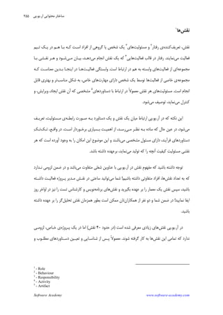 Software Academy www.software-academy.com
۲۵۵
‫ﻧﻘﺶ‬‫ﻫﺎ‬١
‫ﺗﻌﺮﻳﻒ‬ ،‫ﻧﻘﺶ‬‫ﻛﻨﻨﺪﻩ‬‫ﺭﻓﺘﺎﺭ‬ ‫ﻱ‬٢
‫ﻣﺴﺌﻮﻟﻴﺖ‬ ‫ﻭ‬‫ﻫﺎﻱ‬٣
‫ﺍﻓﺮﺍﺩ‬ ‫ﺍﺯ‬ ‫ﮔﺮﻭﻫﻲ‬ ‫ﻳﺎ‬ ‫ﺷﺨﺺ‬ ‫ﻳﻚ‬‫ﺍﺳـﺖ‬‫ﺗـﻴﻢ‬ ‫ﻳـﻚ‬ ‫ﺩﺭ‬ ‫ﻫـﻢ‬ ‫ﺑـﺎ‬ ‫ﻛـﻪ‬
‫ﻣﻲ‬ ‫ﻓﻌﺎﻟﻴﺖ‬‫ﻧﻤﺎﻳﻨﺪ‬.‫ﺭﻓ‬‫ﻓﻌﺎﻟﻴﺖ‬ ‫ﻗﺎﻟﺐ‬ ‫ﺩﺭ‬ ‫ﺘﺎﺭ‬‫ﻫﺎﻳﻲ‬٤
‫ﻣﻲ‬ ‫ﺍﻧﺠﺎﻡ‬ ‫ﻧﻘﺶ‬ ‫ﻳﻚ‬ ‫ﻛﻪ‬‫ﻣـﻲ‬ ‫ﺑﻴـﺎﻥ‬ ،‫ﺩﻫـﺪ‬‫ﺑـﺎ‬ ‫ﻧﻘـﺸﻲ‬ ‫ﻫـﺮ‬ ‫ﻭ‬ ‫ﺷـﻮﺩ‬
‫ﻣﺠﻤﻮﻋﻪ‬‫ﻓﻌﺎﻟﻴﺖ‬ ‫ﺍﺯ‬ ‫ﺍﻱ‬‫ﻭﺍﺑﺴﺘﻪ‬ ‫ﻫﺎﻱ‬‫ﺑﻪ‬‫ﺍﺳﺖ‬ ‫ﺍﺭﺗﺒﺎﻁ‬ ‫ﺩﺭ‬ ‫ﻫﻢ‬.‫ﻓﻌﺎﻟﻴـﺖ‬ ‫ﻭﺍﺑﺴﺘﮕﻲ‬‫ﻛـﻪ‬ ‫ﻣﻌﻨﺎﺳـﺖ‬ ‫ﺑـﺪﻳﻦ‬ ‫ﺍﻳﻨﺠـﺎ‬ ‫ﺩﺭ‬ ‫ﻫـﺎ‬
‫ﻣﺠﻤﻮﻋﻪ‬‫ﻓﻌﺎﻟﻴﺖ‬ ‫ﺍﺯ‬ ‫ﺧﺎﺻﻲ‬ ‫ﻱ‬‫ﹺ‬‫ﺺ‬‫ﺷﺨ‬ ‫ﻳﻚ‬ ‫ﺗﻮﺳﻂ‬ ‫ﻫﺎ‬‫ﺩﺍﺭﺍﻱ‬‫ﻣﻬﺎﺭﺕ‬‫ﺧﺎﺹ‬ ‫ﻫﺎﻱ‬،‫ﻣﻨﺎﺳﺐ‬ ‫ﺷﻜﻞ‬ ‫ﺑﻪ‬‫ﻗ‬ ‫ﺑﻬﺘﺮﻱ‬ ‫ﻭ‬ ‫ﺗﺮ‬‫ﺎﺑﻞ‬
‫ﺍﺳﺖ‬ ‫ﺍﻧﺠﺎﻡ‬.‫ﻣﺴﺌﻮﻟﻴﺖ‬‫ﺩﺳﺘﺎﻭﺭﺩﻫﺎﻱ‬ ‫ﺑﺎ‬ ‫ﺍﺭﺗﺒﺎﻁ‬ ‫ﺩﺭ‬ ‫ﹰ‬‫ﻻ‬‫ﻣﻌﻤﻮ‬ ‫ﻧﻘﺶ‬ ‫ﻫﺮ‬ ‫ﻫﺎﻱ‬٥
‫ﻭﻳﺮﺍﻳﺶ‬ ،‫ﺍﻳﺠﺎﺩ‬ ‫ﻧﻘﺶ‬ ‫ﺁﻥ‬ ‫ﻛﻪ‬ ‫ﻣﺸﺨﺼﻲ‬،‫ﻭ‬
‫ﻣﻲ‬ ‫ﻛﻨﺘﺮﻝ‬‫ﻣﻲ‬ ‫ﺗﻮﺻﻴﻒ‬ ،‫ﻧﻤﺎﻳﺪ‬‫ﺷﻮﺩ‬.
‫ﺁﺭ‬ ‫ﺩﺭ‬ ‫ﻛﻪ‬ ‫ﻧﻜﺘﻪ‬ ‫ﺍﻳﻦ‬.‫ﻳﻮ‬.‫ﺭﺍﺑﻄـﻪ‬ ‫ﺻـﻮﺭﺕ‬ ‫ﺑـﻪ‬ ‫ﺩﺳﺘﺎﻭﺭﺩ‬ ‫ﻳﻚ‬ ‫ﻭ‬ ‫ﻧﻘﺶ‬ ‫ﻳﻚ‬ ‫ﻣﻴﺎﻥ‬ ‫ﺍﺭﺗﺒﺎﻁ‬ ‫ﭘﻲ‬‫ﺗﻌﺮﻳـﻒ‬ ،‫ﻣـﺴﺌﻮﻟﻴﺖ‬ ‫ﻱ‬
‫ﻣﻲ‬‫ﺷﻮﺩ‬،‫ﻣـﻲ‬ ‫ﻧﻈـﺮ‬ ‫ﺑـﻪ‬ ‫ﺳﺎﺩﻩ‬ ‫ﻛﻪ‬ ‫ﺣﺎﻝ‬ ‫ﻋﻴﻦ‬ ‫ﺩﺭ‬‫ﺭ‬‫ﺍﺳـﺖ‬ ‫ﺑﺮﺧـﻮﺭﺩﺍﺭ‬ ‫ﺑـﺴﻴﺎﺭﻱ‬ ‫ﺍﻫﻤﻴـﺖ‬ ‫ﺍﺯ‬ ،‫ﺳـﺪ‬.‫ﻭﺍﻗـﻊ‬ ‫ﺩﺭ‬،‫ﺗـﻚ‬‫ﻚ‬‫ﺗـ‬
‫ﻣﻲ‬ ‫ﻣﺸﺨﺼﻲ‬ ‫ﻣﺴﺌﻮﻝ‬ ‫ﺩﺍﺭﺍﻱ‬ ،‫ﻓﺮﺁﻳﻨﺪ‬ ‫ﺩﺳﺘﺎﻭﺭﺩﻫﺎﻱ‬‫ﻫﺮ‬ ‫ﻛﻪ‬ ‫ﺍﺳﺖ‬ ‫ﺁﻭﺭﺩﻩ‬ ‫ﻭﺟﻮﺩ‬ ‫ﺑﻪ‬ ‫ﺭﺍ‬ ‫ﺍﻣﻜﺎﻥ‬ ‫ﺍﻳﻦ‬ ‫ﻣﻮﺿﻮﻉ‬ ‫ﺍﻳﻦ‬ ‫ﻭ‬ ‫ﺑﺎﺷﻨﺪ‬
‫ﺁﻧﭽﻪ‬ ‫ﻛﻴﻔﻴﺖ‬ ‫ﻣﺴﺌﻮﻟﻴﺖ‬ ‫ﻧﻘﺸﻲ‬‫ﻛﻪ‬ ‫ﺭﺍ‬‫ﻣﻲ‬ ‫ﺗﻮﻟﻴﺪ‬،‫ﻧﻤﺎﻳﺪ‬‫ﺑﺎﺷﺪ‬ ‫ﺩﺍﺷﺘﻪ‬ ‫ﺑﺮﻋﻬﺪﻩ‬.
‫ﻛﻪ‬ ‫ﺑﺎﺷﻴﺪ‬ ‫ﺩﺍﺷﺘﻪ‬ ‫ﺗﻮﺟﻪ‬‫ﹺ‬‫ﻡ‬‫ﻣﻔﻬﻮ‬‫ﻧﻘﺶ‬‫ﺁﺭ‬ ‫ﺩﺭ‬.‫ﻳﻮ‬.‫ﭘﻲ‬‫ﻣﻲ‬ ‫ﻣﺘﻔﺎﻭﺕ‬ ‫ﺷﻐﻠﻲ‬ ‫ﻋﻨﺎﻭﻳﻦ‬ ‫ﺑﺎ‬‫ﻧـﺪﺍﺭﺩ‬ ‫ﻟﺰﻭﻣﻲ‬ ‫ﺿﻤﻦ‬ ‫ﺩﺭ‬ ‫ﻭ‬ ‫ﺑﺎﺷﺪ‬
‫ﻧﻘﺶ‬ ‫ﺗﻌﺪﺍﺩ‬ ‫ﺑﻪ‬ ‫ﻛﻪ‬‫ﻫﺎ‬،‫ﺑﺎﺷﻴﻢ‬ ‫ﺩﺍﺷﺘﻪ‬ ‫ﻣﺘﻔﺎﻭﺗﻲ‬ ‫ﺍﻓﺮﺍﺩ‬!‫ﻣﻲ‬ ‫ﺷﻤﺎ‬‫ﺩﺍﺷـﺘﻪ‬ ‫ﻓﻌﺎﻟﻴـﺖ‬ ‫ﭘـﺮﻭﮊﻩ‬ ‫ﻣـﺪﻳﺮ‬ ‫ﻧﻘـﺶ‬ ‫ﺩﺭ‬ ‫ﺳﺎﻋﺘﻲ‬ ‫ﺗﻮﺍﻧﻴﺪ‬
‫ﻧﻘﺶ‬ ‫ﻭ‬ ‫ﺑﮕﻴﺮﻳﺪ‬ ‫ﻋﻬﺪﻩ‬ ‫ﺑﺮ‬ ‫ﺭﺍ‬ ‫ﻣﻌﻤﺎﺭ‬ ‫ﻳﻚ‬ ‫ﻧﻘﺶ‬ ‫ﺳﭙﺲ‬ ،‫ﺑﺎﺷﻴﺪ‬‫ﺑﺮﻧﺎﻣﻪ‬ ‫ﻫﺎﻱ‬‫ﺭﻭﺯ‬ ‫ﺍﻭﺍﺧﺮ‬ ‫ﺩﺭ‬ ‫ﻧﻴﺰ‬ ‫ﺭﺍ‬ ‫ﺗﺴﺖ‬ ‫ﻛﺎﺭﺷﻨﺎﺱ‬ ‫ﻭ‬ ‫ﻧﻮﻳﺲ‬
‫ﻧﻤﺎﻳ‬ ‫ﺍﻳﻔﺎ‬‫ﻴﺪ‬!‫ﻫﻤﻜﺎﺭﺍﻥ‬ ‫ﺍﺯ‬ ‫ﻧﻔﺮ‬ ‫ﺩﻭ‬ ‫ﻭ‬ ‫ﺷﻤﺎ‬ ‫ﺿﻤﻦ‬ ‫ﺩﺭ‬‫ﺗﺤﻠﻴﻞ‬ ‫ﻧﻘﺶ‬ ‫ﻫﻤﺰﻣﺎﻥ‬ ‫ﺑﻄﻮﺭ‬ ‫ﺍﺳﺖ‬ ‫ﻣﻤﻜﻦ‬ ‫ﺗﺎﻥ‬‫ﺩﺍﺷﺘﻪ‬ ‫ﻋﻬﺪﻩ‬ ‫ﺑﺮ‬ ‫ﺭﺍ‬ ‫ﮔﺮ‬
‫ﺑﺎﺷﻴﺪ‬.
‫ﺁﺭ‬ ‫ﺩﺭ‬.‫ﻳﻮ‬.‫ﻧﻘﺶ‬ ‫ﭘﻲ‬‫ﺯﻳﺎﺩﻱ‬ ‫ﻫﺎﻱ‬‫ﺷﺪﻩ‬ ‫ﻣﻌﺮﻓﻲ‬‫ﺍﺳﺖ‬)‫ﺣﺪﻭﺩ‬ ‫ﺩﺭ‬۴۰‫ﻧﻘﺶ‬(‫ﭘـﺮﻭﮊﻩ‬ ‫ﻳﻚ‬ ‫ﺩﺭ‬ ‫ﺍﻣﺎ‬‫ﺧـﺎﺹ‬ ‫ﻱ‬،‫ﻟﺰﻭﻣـﻲ‬
‫ﻧﻘﺶ‬ ‫ﺍﻳﻦ‬ ‫ﺗﻤﺎﻣﻲ‬ ‫ﻛﻪ‬ ‫ﻧﺪﺍﺭﺩ‬‫ﺷﻮﻧﺪ‬ ‫ﮔﺮﻓﺘﻪ‬ ‫ﻛﺎﺭ‬ ‫ﺑﻪ‬ ‫ﻫﺎ‬.‫ﺗﻌ‬ ‫ﻭ‬ ‫ﺷﻨﺎﺳـﺎﻳﻲ‬ ‫ﺍﺯ‬ ‫ﭘـﺲ‬ ‫ﹰ‬‫ﻻ‬‫ﻣﻌﻤﻮ‬‫ﻭ‬ ‫ﻣﻄﻠـﻮﺏ‬ ‫ﺩﺳـﺘﺎﻭﺭﺩﻫﺎﻱ‬ ‫ﻴـﻴﻦ‬
1
- Role
2
- Behaviour
3
- Responsibility
4
- Activity
5
- Artifact
‫ﺁﺭ‬ ‫ﻣﺤﺘﻮﺍﻳﻲ‬ ‫ﺳﺎﺧﺘﺎﺭ‬.‫ﻳﻮ‬.‫ﭘﻲ‬
 