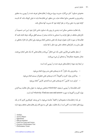 ‫ﺁﺭ‬ ‫ﻣﻌﺮﻓﻲ‬.‫ﻳﻮ‬.‫ﭘﻲ‬
‫ﺁﻛﺎﺩ‬‫ﻧﺮﻡ‬ ‫ﻣﻲ‬‫ﺍﻓﺰﺍﺭ‬www.software-academy.com
۲۶۰
‫ﻣﺤﺪﻭﺩﻱ‬‫ﺩﺳﺘﺎﻭﺭﺩ‬١
‫ﻣﻲ‬ ‫ﺗﺎﺛﻴﺮ‬‫ﮔﺬﺍﺭﺩ‬.‫ﭘﺮﻭﮊﻩ‬ ‫ﻣﺪﻳﺮﻳﺖ‬‫ﻣﻲ‬‫ﺍﺯ‬ ‫ﺗﻮﺍﻧﺪ‬‫ﻓﻌﺎﻟﻴﺖ‬‫ﺁﺭ‬ ‫ﺩﺭ‬ ‫ﺷﺪﻩ‬ ‫ﺗﻌﺮﻳﻒ‬ ‫ﻫﺎﻱ‬.‫ﻳﻮ‬.‫ﹺ‬‫ﺭ‬‫ﻣﻨﻈـﻮ‬ ‫ﺑـﻪ‬ ،‫ﭘﻲ‬
‫ﺑﺮﻧﺎﻣﻪ‬‫ﺗﺨﺼﻴﺺ‬ ‫ﻭ‬ ‫ﺭﻳﺰﻱ‬‫ﻣﻨﺎﺑﻊ‬‫ﺍﺳﺘﻔﺎﺩﻩ‬‫ﻧﻤﺎﻳﺪ‬.‫ﻓﻌﺎﻟﻴﺖ‬ ‫ﺍﻳﻦ‬ ،‫ﻣﻨﻈﻮﺭ‬ ‫ﺑﺪﻥ‬‫ﻫﺎ‬‫ﻧﺎﺩﻳـﺪﻩ‬ ‫ﻛﻪ‬ ‫ﺑﺎﺷﺪ‬ ‫ﻛﻮﭼﻚ‬ ‫ﺧﻴﻠﻲ‬ ‫ﻧﻪ‬ ‫ﻧﺒﺎﻳﺪ‬
‫ﺑﺰﺭﮒ‬ ‫ﺧﻴﻠﻲ‬ ‫ﻧﻪ‬ ‫ﻭ‬ ‫ﺷﻮﺩ‬ ‫ﮔﺮﻓﺘﻪ‬‫ﺷﻮ‬ ‫ﮔﺮﻓﺘﻪ‬ ‫ﻧﻈﺮ‬ ‫ﺩﺭ‬‫ﺩ‬‫ﺁﻧ‬ ‫ﻣﺪﻳﺮﻳﺖ‬ ‫ﻛﻪ‬‫ﻬﺎ‬‫ﺑﺎﺷﺪ‬ ‫ﻣﺸﻜﻞ‬.
‫ﺖ‬‫ﻓﻌﺎﻟﻴ‬ ‫ﻳﻚ‬‫ﺩ‬‫ﺩﺳﺘﺎﻭﺭ‬ ‫ﻳﻚ‬ ‫ﺭﻭﻱ‬ ‫ﺑﺎﺭ‬ ‫ﭼﻨﺪﻳﻦ‬ ‫ﺍﺳﺖ‬ ‫ﻣﻤﻜﻦ‬ ‫ﻣﺸﺨﺺ‬‫ﺷﻮﺩ‬ ‫ﺗﻜﺮﺍﺭ‬ ‫ﺧﺎﺹ‬.‫ﺩﺭ‬ ‫ﹰ‬‫ﺎ‬‫ﺧـﺼﻮﺻ‬ ‫ﺍﻣـﺮ‬ ‫ﺍﻳـﻦ‬
‫ﻓﺮ‬ ‫ﻃﻮﻝ‬ ‫ﺩﺭ‬ ‫ﻣﺨﺘﻠﻒ‬ ‫ﺗﻜﺮﺍﺭﻫﺎﻱ‬‫ﺍ‬‫ﺑﺎ‬ ‫ﻭ‬ ‫ﻳﻨﺪ‬‫ﺑﻪ‬ ‫ﺩﺳﺘﻴﺎﺑﻲ‬‫ﻣﻲ‬ ‫ﺍﺗﻔﺎﻕ‬ ‫ﺳﻴﺴﺘﻢ‬ ‫ﺍﺯ‬ ‫ﺑﻴﺸﺘﺮ‬ ‫ﺷﻨﺎﺧﺖ‬‫ﹸﻓﺘﺪ‬‫ﺍ‬.‫ﺟ‬‫ﺗﻮ‬‫ﻛﻪ‬ ‫ﺑﺎﺷﻴﺪ‬ ‫ﺩﺍﺷﺘﻪ‬ ‫ﻪ‬
‫ﻓﻌﺎﻟﻴﺖ‬‫ﻳﻚ‬ ‫ﺗﻮﺳﻂ‬ ‫ﻫﻤﻮﺍﺭﻩ‬ ،‫ﺗﻜﺮﺍﺭ‬ ‫ﺻﻮﺭﺕ‬ ‫ﺩﺭ‬ ‫ﻫﺎ‬‫ﻣﻲ‬ ‫ﺍﻧﺠﺎﻡ‬ ‫ﻣﺸﺨﺺ‬ ‫ﻧﻘﺶ‬‫ﺷﻮﻧﺪ‬،‫ﺩﺭ‬ ‫ﻣﺨﺘﻠﻔﻲ‬ ‫ﺍﻓﺮﺍﺩ‬ ‫ﺩﺍﺭﺩ‬ ‫ﺍﻣﻜﺎﻥ‬ ‫ﻭﻟﻲ‬
‫ﻧﻤﺎﻳﻨﺪ‬ ‫ﺍﻳﻔﺎ‬ ‫ﺭﺍ‬ ‫ﻧﻈﺮ‬ ‫ﻣﻮﺭﺩ‬ ‫ﻧﻘﺶ‬ ،‫ﻣﺨﺘﻠﻒ‬ ‫ﺗﻜﺮﺍﺭﻫﺎﻱ‬ ‫ﺩﺭ‬ ‫ﻭ‬ ‫ﺯﻣﺎﻥ‬ ‫ﻃﻮﻝ‬.
‫ﻓﻌﺎﻝ‬ ‫ﺷﻲﺀ‬ ‫ﻳﻚ‬ ،‫ﻧﻘﺶ‬ ،‫ﺷﻲﺀﮔﺮﺍﻳﻲ‬ ‫ﻣﻔﺎﻫﻴﻢ‬ ‫ﻣﻨﻈﺮ‬ ‫ﺍﺯ‬٢
‫ﻣﻲ‬‫ﻓﻌﺎﻟﻴﺖ‬ ‫ﻭ‬ ‫ﺑﺎﺷﺪ‬‫ﻣﻲ‬ ‫ﺍﻧﺠﺎﻡ‬ ‫ﻧﻘﺶ‬ ‫ﻳﻚ‬ ‫ﻛﻪ‬ ‫ﻫﺎﻳﻲ‬،‫ﺩﻫـﺪ‬
‫ﻋﻤﻠﻜﺮﺩﻫﺎ‬ ‫ﻣﺠﻤﻮﻋﻪ‬ ‫ﻣﻌﺎﺩﻝ‬٣
‫ﻣﺘﺪﻫﺎﻱ‬ ‫ﻭ‬‫ﺁﻥ‬‫ﻣﻲ‬ ‫ﺷﻲﺀ‬‫ﺑﺎﺷﻨﺪ‬.
‫ﺩﺭ‬‫ﻓﻌﺎﻟﻴﺖ‬ ‫ﺍﺯ‬ ‫ﻧﻤﻮﻧﻪ‬ ‫ﭼﻨﺪ‬ ‫ﺍﻳﻨﺠﺎ‬‫ﺁﺭ‬ ‫ﺩﺭ‬ ‫ﺷﺪﻩ‬ ‫ﺗﻌﺮﻳﻒ‬ ‫ﻫﺎﻱ‬.‫ﻳﻮ‬.‫ﺍﺳﺖ‬ ‫ﺁﻣﺪﻩ‬ ‫ﭘﻲ‬:
-‫ﺑﺮﻧﺎﻣﻪ‬‫ﺗﻜﺮﺍﺭ‬ ‫ﻳﻚ‬ ‫ﺭﻳﺰﻱ‬٤
‫ﻭﺳﻴﻠﻪ‬ ‫ﺑﻪ‬ ‫ﻛﻪ‬ ،‫ﻣﻲ‬ ‫ﺍﻧﺠﺎﻡ‬ ‫ﭘﺮﻭﮊﻩ‬ ‫ﻣﺪﻳﺮ‬ ‫ﹺ‬‫ﺶ‬‫ﻧﻘ‬ ‫ﻱ‬‫ﺷﻮﺩ‬،
-‫ﹶﻛﺘﻮﺭﻫﺎ‬‫ﺍ‬ ‫ﻭ‬ ‫ﻛﺎﺭﺑﺮﺩ‬ ‫ﻣﻮﺍﺭﺩ‬ ‫ﭘﻴﺪﺍﻛﺮﺩﻥ‬٥
‫ﻭﺳﻴﻠﻪ‬ ‫ﺑﻪ‬ ‫ﻛﻪ‬ ،‫ﺗﺤﻠﻴﻞ‬ ‫ﹺ‬‫ﺶ‬‫ﻧﻘ‬ ‫ﻱ‬‫ﻣﻲ‬ ‫ﺍﻧﺠﺎﻡ‬ ‫ﺳﻴﺴﺘﻢ‬ ‫ﮔﺮ‬‫ﺷﻮﺩ‬،
-‫ﻛﺎﺭﺍﻳﻲ‬ ‫ﺗﺴﺖ‬ ‫ﺍﺟﺮﺍﻱ‬٦
‫ﺑﻮﺳﻴﻠﻪ‬ ‫ﻛﻪ‬ ،‫ﺗﺴﺖ‬ ‫ﹺ‬‫ﺶ‬‫ﻧﻘ‬ ‫ﻱ‬‫ﻛﻨﻨ‬‫ﺪﻩ‬‫ﻛﺎﺭﺍﻳﻲ‬ ‫ﻱ‬٧
‫ﻣﻲ‬ ‫ﺍﻧﺠﺎﻡ‬‫ﺷﻮﺩ‬.
‫ﻓﻌﺎﻟﻴﺖ‬ ‫ﺍﻏﻠﺐ‬‫ﺁﺭ‬ ‫ﺩﺭ‬ ‫ﻫﺎ‬.‫ﻳﻮ‬.‫ﭘﻴﺸﻮﻧﺪ‬ ‫ﺑﺎ‬ ‫ﭘﻲ‬»Activity«‫ﻣﻲ‬ ‫ﻣﺸﺨﺺ‬‫ﺷﻮﻧﺪ‬.‫ﭘﻴـﺪﺍﻛﺮﺩﻥ‬ ‫ﻓﻌﺎﻟﻴﺖ‬ ،‫ﻣﺜﺎﻝ‬ ‫ﻋﻨﻮﺍﻥ‬ ‫ﺑﻪ‬
‫ﺻﻮﺭﺕ‬ ‫ﺑﻪ‬ ‫ﹶﻛﺘﻮﺭﻫﺎ‬‫ﺍ‬ ‫ﻭ‬ ‫ﻛﺎﺭﺑﺮﺩ‬ ‫ﻣﻮﺍﺭﺩ‬»Activity: Find use case and actors«‫ﺍﺳﺖ‬ ‫ﺁﻣﺪﻩ‬.
‫ﻓﻌﺎﻟﻴﺖ‬ ‫ﺍﺯ‬ ‫ﻳﻚ‬ ‫ﻫﺮ‬‫ﻣﺠﻤﻮﻋﻪ‬ ‫ﺑﻪ‬ ‫ﻫﺎ‬‫ﮔﺎﻡ‬ ‫ﺍﺯ‬ ‫ﺍﻱ‬‫ﻫﺎ‬١
‫ﻣﻲ‬ ‫ﺷﻜﺴﺘﻪ‬‫ﺷﻮﻧﺪ‬.‫ﻳﻚ‬ ‫ﺩﺭ‬ ‫ﻛﻪ‬ ‫ﻛﺎﺭﻱ‬ ‫ﻛﻮﭼﻜﺘﺮﻳﻦ‬ ،‫ﻭﺻﻒ‬ ‫ﺍﻳﻦ‬ ‫ﺑﺎ‬
‫ﻓﻌﺎﻟﻴﺖ‬ ‫ﻳﻚ‬ ‫ﺍﺯ‬ ‫ﺍﺳﺖ‬ ‫ﮔﺎﻣﻲ‬ ،‫ﺍﺳﺖ‬ ‫ﺍﻧﺠﺎﻡ‬ ‫ﻗﺎﺑﻞ‬ ‫ﭘﺮﻭﮊﻩ‬.‫ﻓﻌﺎﻟﻴﺖ‬ ‫ﺑﺮﺍﻱ‬ ‫ﮔﺎﻡ‬ ‫ﻧﻮﻉ‬ ‫ﺳﻪ‬ ‫ﻛﻠﻲ‬ ‫ﺑﻄﻮﺭ‬‫ﺩﺍﺭﺩ‬ ‫ﻭﺟﻮﺩ‬ ‫ﻣﺨﺘﻠﻒ‬ ‫ﻫﺎﻱ‬:
1
- Artifact
2
- Active Object
3
- Operations
4
- Plan an iteration
5
- Find Use Cases and Actors
6
- Execute a Performance Test
7
- Performance Tester
 