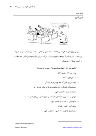 Software Academy www.software-academy.com
۳۱
‫ﺷﻜﻞ‬۲-۲
‫ﺷﺮﺡ‬ ‫ﻥ‬‫ﺑﺪﻭ‬
‫ﭘﺮﻭﮊﻩ‬ ‫ﺑﺮﺭﺳﻲ‬‫ﺭﻳﺸﻪ‬ ‫ﺩﻻﻳﻞ‬ ‫ﻛﻪ‬ ‫ﺍﺳﺖ‬ ‫ﺩﺍﺩﻩ‬ ‫ﻧﺸﺎﻥ‬ ،‫ﻧﺎﻣﻮﻓﻖ‬ ‫ﻫﺎﻱ‬‫ﺩ‬‫ﺯﻳﺎ‬ ‫ﺑﺴﻴﺎﺭ‬ ‫ﹺ‬‫ﻉ‬‫ﺗﻨﻮ‬ ‫ﺭﻏﻢ‬ ‫ﺑﻪ‬ ‫ﻧﻴﺰ‬ ‫ﻣﺸﻜﻼﺕ‬ ‫ﺍﻱ‬
‫ﭘﺮﻭﮊﻩ‬‫ﭘﺮﻭﮊﻩ‬ ‫ﺍﺯ‬ ‫ﺑﺴﻴﺎﺭﻱ‬ ‫ﻣﻴﺎﻥ‬ ‫ﺩﺭ‬ ،‫ﻫﺎ‬‫ﻣﻲ‬ ‫ﻣﺸﺘﺮﻙ‬ ،‫ﻧﺎﻣﻮﻓﻖ‬ ‫ﻫﺎﻱ‬‫ﺑﺎﺷﺪ‬.‫ﺑﺮ‬‫ﻣﻬﻢ‬ ،‫ﺍﺳﺎﺱ‬ ‫ﺍﻳﻦ‬‫ﺖ‬‫ﻣﻮﻓﻘﻴ‬ ‫ﹺ‬‫ﻡ‬‫ﻋﺪ‬ ‫ﹺ‬‫ﻞ‬‫ﺩﻻﻳ‬ ‫ﺗﺮﻳﻦ‬
‫ﭘﺮﻭﮊﻩ‬‫ﻧﺮﻡ‬ ‫ﻫﺎﻱ‬‫ﺍﺯ‬ ‫ﻋﺒﺎﺭﺗﻨﺪ‬ ‫ﺍﻓﺰﺍﺭﻱ‬:
-‫ﻧﻴﺎﺯﻣﻨﺪﻱ‬ ‫ﺖ‬‫ﻣﺪﻳﺮﻳ‬ ‫ﺑﺮﺍﻱ‬ ‫ﻣﺸﺨﺺ‬ ‫ﻭ‬ ‫ﺍﺻﻮﻟﻲ‬ ‫ﺭﻭﺵ‬ ‫ﻳﻚ‬ ‫ﻧﺪﺍﺷﺘﻦ‬‫ﻫﺎ‬
-‫ﻧﺎﺩﻗﻴﻖ‬ ‫ﻭ‬ ‫ﻣﺒﻬﻢ‬ ‫ﺍﺭﺗﺒﺎﻃﺎﺕ‬ ‫ﻭﺟﻮﺩ‬
-‫ﻣﻌﻤﺎﺭﻱ‬‫ﺷﻜﻨﻨﺪﻩ‬ ‫ﻫﺎﻱ‬
-‫ﺍﻓﺰﻭﻥ‬ ‫ﺭﻭﺯ‬ ‫ﭘﻴﭽﻴﺪﮔﻲ‬١
‫ﺁﻥ‬ ‫ﻣﺪﻳﺮﻳﺖ‬ ‫ﺩﺭ‬ ‫ﺗﻮﺍﻧﺎﻳﻲ‬ ‫ﻋﺪﻡ‬ ‫ﻭ‬
-‫ﻧﻴﺎﺯﻣﻨﺪﻱ‬ ‫ﻣﻴﺎﻥ‬ ‫ﻧﺎﺳﺎﺯﮔﺎﺭﻱ‬ ‫ﺷﻨﺎﺳﺎﻳﻲ‬ ‫ﻋﺪﻡ‬،‫ﻫﺎ‬‫ﻃﺮﺍﺣﻲ‬‫ﻫﺎ‬‫ﭘﻴﺎﺩﻩ‬ ‫ﻭ‬ ،‫ﺳﺎﺯﻱ‬‫ﻫﺎ‬
-‫ﺗﺴﺖ‬ ‫ﹺ‬‫ﻡ‬‫ﺍﻧﺠﺎ‬ ‫ﻋﺪﻡ‬‫ﺍﻧﺪﺍﺯﻩ‬ ‫ﺑﻪ‬‫ﻛﺎﻓﻲ‬ ‫ﻱ‬
-‫ﭘﺮﻭﮊﻩ‬ ‫ﻭﺿﻌﻴﺖ‬ ‫ﺍﺭﺯﻳﺎﺑﻲ‬‫ﻣﻨﺎﺳﺐ‬ ‫ﻲ‬‫ﻤ‬‫ﻛ‬ ‫ﻣﻌﻴﺎﺭﻫﺎﻱ‬ ‫ﺩﺍﺷﺘﻦ‬ ‫ﺑﺪﻭﻥ‬ ،‫ﺷﺨﺼﻲ‬ ‫ﻧﻈﺮ‬ ‫ﺍﻇﻬﺎﺭ‬ ‫ﺑﺎ‬ ‫ﻫﺎ‬
-‫ﺭﻳﺴﻚ‬ ‫ﺑﺮ‬ ‫ﻏﻠﺒﻪ‬ ‫ﺩﺭ‬ ‫ﺗﻮﺍﻧﺎﻳﻲ‬ ‫ﻋﺪﻡ‬‫ﭘﺮﻭﮊﻩ‬ ‫ﻫﺎﻱ‬
-‫ﻧﺸﺪﻩ‬ ‫ﻛﻨﺘﺮﻝ‬ ‫ﭘﺨﺶ‬‫ﺗﻐﻴﻴﺮﺍﺕ‬ ‫ﻱ‬
-‫ﺍﻧﺪﺍﺯﻩ‬ ‫ﺑﻪ‬ ‫ﺍﺗﻮﻣﺎﺳﻴﻮﻥ‬ ‫ﻭ‬ ‫ﺍﺑﺰﺍﺭﻫﺎ‬ ‫ﺍﺯ‬ ‫ﺍﺳﺘﻔﺎﺩﻩ‬ ‫ﻋﺪﻡ‬‫ﻛﺎﻓﻲ‬ ‫ﻱ‬
1
- Overwhelming Complexity
‫ﻧﺮﻡ‬ ‫ﻣﻬﻨﺪﺳﻲ‬ ‫ﺩﺭ‬ ‫ﻣﻮﻓﻖ‬ ‫ﺭﺍﻫﻜﺎﺭﻫﺎﻱ‬‫ﺍﻓﺰﺍﺭ‬
 