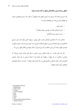 Software Academy www.software-academy.com
۵۵
‫ﭘﻴﺎﺩﻩ‬ ‫ﻭ‬ ‫ﺗﺤﻘﻖ‬‫ﻓﺮ‬ ‫ﻗﺎﻟﺐ‬ ‫ﺩﺭ‬ ‫ﻣﻮﻓﻖ‬ ‫ﺭﺍﻫﻜﺎﺭﻫﺎﻱ‬ ‫ﺳﺎﺯﻱ‬‫ﺍ‬‫ﺪ‬‫ﻳﻨ‬‫ﺗﻮﻟﻴﺪ‬١
‫ﻣﺘﺪﻭﻟﻮﮊﻱ‬ ‫ﻳﻚ‬ ‫ﺗﺤﻘﻖ‬ ‫ﻋﺒﺎﺭﺗﻲ‬ ‫ﺑﻪ‬ ‫ﻭ‬ ‫ﺳﻴﺴﺘﻢ‬ ‫ﻳﻚ‬ ‫ﺍﻳﺠﺎﺩ‬ ‫ﺑﺮﺍﻱ‬ ‫ﺗﻴﻢ‬ ‫ﻳﻚ‬٢
‫ﻧﺮﻡ‬ ‫ﹺ‬‫ﻢ‬‫ﺳﻴﺴﺘ‬ ‫ﻳﻚ‬ ‫ﻗﺎﻟﺐ‬ ‫ﺩﺭ‬‫ﻧﻴﺎﺯﻣﻨﺪ‬ ،‫ﺍﻓﺰﺍﺭﻱ‬
‫ﻣﺆﻟﻔﻪ‬ ‫ﺳﻪ‬‫ﻣﻲ‬ ‫ﺍﺻﻠﻲ‬ ‫ﻱ‬‫ﺑﺎﺷﺪ‬.‫ﻣﺆﻟﻔﻪ‬ ‫ﺍﻳﻦ‬‫ﺍﺯ‬ ‫ﻋﺒﺎﺭﺗﻨﺪ‬ ،‫ﻫﺎ‬:
-‫ﺗﻮﻟﻴﺪ‬ ‫ﺪ‬‫ﻓﺮﺍﻳﻨ‬
-‫ﺍﺑﺰﺍﺭ‬)‫ﺑ‬ ‫ﻛﻤﻚ‬ ‫ﺍﺑﺰﺍﺭﻫﺎﻱ‬‫ﻧﺮﻡ‬ ‫ﺗﻮﻟﻴﺪ‬ ‫ﻭ‬ ‫ﻣﻬﻨﺪﺳﻲ‬ ‫ﻪ‬‫ﺍﻓﺰﺍﺭ‬٣
(
-‫ﻧﻤﺎﺩﮔﺬﺍﺭﻱ‬ ‫ﺑﺮﺍﻱ‬ ‫ﺭﻭﺷﻲ‬ ‫ﻳﺎ‬ ‫ﺯﺑﺎﻥ‬٤
‫ﺩﺍﺭﺩ‬ ‫ﺗﻮﻟﻴﺪ‬ ‫ﻛﺎﺭﺍﻳﻲ‬ ‫ﺩ‬‫ﺑﻬﺒﻮ‬ ‫ﺩﺭ‬ ‫ﻣﻬﻤﻲ‬ ‫ﻧﻘﺶ‬ ،‫ﻣﻨﺎﺳﺐ‬ ‫ﺍﺑﺰﺍﺭﻫﺎﻱ‬ ‫ﺑﻜﺎﺭﮔﻴﺮﻱ‬ ‫ﻛﻪ‬ ‫ﺍﺳﺖ‬ ‫ﻣﺸﺨﺺ‬.‫ﹺ‬‫ﺵ‬‫ﺭﻭ‬ ‫ﻳﺎ‬ ‫ﺯﺑﺎﻥ‬
‫ﺍﺳﺖ‬ ‫ﺿﺮﻭﺭﻱ‬ ،‫ﺍﺭﺗﺒﺎﻃﺎﺕ‬ ‫ﹺ‬‫ﻞ‬‫ﺗﺴﻬﻴ‬ ‫ﻭ‬ ‫ﺗﻴﻤﻲ‬ ‫ﹺ‬‫ﺭ‬‫ﻛﺎ‬ ‫ﹺ‬‫ﻡ‬‫ﺍﻧﺠﺎ‬ ‫ﺑﺮﺍﻱ‬ ‫ﻧﻴﺰ‬ ‫ﻧﻤﺎﺩﮔﺬﺍﺭﻱ‬.‫ﻧﺮﻡ‬ ‫ﺪ‬‫ﺗﻮﻟﻴ‬ ‫ﺩﺭ‬ ‫ﻣﺸﺘﺮﻙ‬ ‫ﻥ‬‫ﺯﺑﺎ‬ ‫ﹺ‬‫ﺶ‬‫ﻧﻘ‬‫ﻭ‬ ‫ﺍﻓﺰﺍﺭ‬
‫ﺗﺠﺮﺑ‬‫ﻪ‬‫ﺑﺼﺮﻱ‬ ‫ﻥ‬‫ﺯﺑﺎ‬ ‫ﻳﻚ‬ ‫ﺍﺯ‬ ‫ﺍﺳﺘﻔﺎﺩﻩ‬ ‫ﻳﻌﻨﻲ‬ ،‫ﺁﻥ‬ ‫ﺑﺎ‬ ‫ﻣﺮﺗﺒﻂ‬ ‫ﻣﻮﻓﻖ‬ ‫ﻱ‬٥
‫ﺷﺪ‬ ‫ﺑﺮﺭﺳﻲ‬ ‫ﻣﻮﻓﻖ‬ ‫ﹺ‬‫ﺭ‬‫ﺭﺍﻫﻜﺎ‬ ‫ﭼﻬﺎﺭﻣﻴﻦ‬ ‫ﹺ‬‫ﺐ‬‫ﻗﺎﻟ‬ ‫ﺩﺭ‬ ،.
‫ﻧﺮﻡ‬ ‫ﺗﻮﻟﻴﺪ‬ ‫ﺩﺭ‬ ‫ﺭﺍ‬ ‫ﻓﺮﺍﻳﻨﺪ‬ ‫ﻧﻘﺶ‬ ‫ﺑﺎﻳﺪ‬ ‫ﺣﺎﻝ‬‫ﻧﻤﺎﻳﻴﻢ‬ ‫ﺑﺮﺭﺳﻲ‬ ‫ﺍﻓﺰﺍﺭ‬.‫ﻣﻲ‬ ‫ﺗﻌﺮﻳﻒ‬ ‫ﻓﺮﺍﻳﻨﺪ‬ ،‫ﻛﻠﻲ‬ ‫ﻃﻮﺭ‬ ‫ﺑﻪ‬‫ﻛﻪ‬ ‫ﻧﻤﺎﻳﺪ‬
‫ﭼﻪ‬‫ﻛﺴﻲ‬٦
‫ﭼﻪ‬ ،‫ﻛﺎﺭﻱ‬٧
‫ﻣﻮﻗﻊ‬ ‫ﭼﻪ‬ ،‫ﺭﺍ‬٨
‫ﭼﮕﻮﻧﻪ‬ ‫ﻭ‬ ،٩
‫ﺩﺳﺘﻴ‬ ‫ﺍﻳﻨﻜﻪ‬ ‫ﺗﺎ‬ ‫ﺩﻫﺪ‬ ‫ﺍﻧﺠﺎﻡ‬ ‫ﺑﺎﻳﺪ‬‫ﹺ‬‫ﺺ‬‫ﻣﺸﺨ‬ ‫ﻫﺪﻑ‬ ‫ﻳﻚ‬ ‫ﺑﻪ‬ ‫ﺎﺑﻲ‬
‫ﺍﻣﻜﺎﻥ‬‫ﺑﺎﺷﺪ‬ ‫ﭘﺬﻳﺮ‬.‫ﻧﺮﻡ‬ ‫ﺪ‬‫ﺗﻮﻟﻴ‬ ‫ﻓﺮﺍﻳﻨﺪ‬ ‫ﻳﻚ‬ ‫ﺩﺭ‬ ‫ﻧﻬﺎﻳﻲ‬ ‫ﺩ‬‫ﻣﻘﺼﻮ‬ ‫ﻭ‬ ‫ﻣﺸﺨﺺ‬ ‫ﻫﺪﻑ‬‫ﺍﻓﺰﺍﺭ‬١٠
‫ﻓﺮﺍﻭﺭﺩﻩ‬ ‫ﺪ‬‫ﺗﻮﻟﻴ‬ ‫ﺍﺯ‬ ‫ﻋﺒﺎﺭﺗﺴﺖ‬ ،‫ﺍﻱ‬
‫ﻧﺮﻡ‬‫ﻣﻄﻠﻮﺏ‬ ‫ﺖ‬‫ﻛﻴﻔﻴ‬ ‫ﺩﺍﺭﺍﻱ‬ ‫ﺍﻓﺰﺍﺭﻱ‬١١
.
1
- Development Process
2
- Methodology
3
- CASE Tools
4
- Notation
5
- Visual Language
6
- Who
7
- What
8
- When
9
- How
10
- Software Development Process
11
- Quality Software
‫ﻧﺮﻡ‬ ‫ﻣﻬﻨﺪﺳﻲ‬ ‫ﺩﺭ‬ ‫ﻣﻮﻓﻖ‬ ‫ﺭﺍﻫﻜﺎﺭﻫﺎﻱ‬‫ﺍﻓﺰﺍﺭ‬
 