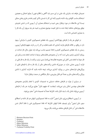 ‫ﺁﺭ‬ ‫ﻣﻌﺮﻓﻲ‬.‫ﻳﻮ‬.‫ﭘﻲ‬
‫ﺁﻛﺎﺩ‬‫ﻧﺮﻡ‬ ‫ﻣﻲ‬‫ﺍﻓﺰﺍﺭ‬www.software-academy.com
۷۴
‫ﺷﺪ‬ ‫ﺧﻮﺍﻫﺪ‬ ‫ﻧﺼﻴﺒﻤﺎﻥ‬.‫ﺍﻃﻼﻉ‬ ‫ﻭ‬ ‫ﺁﮔﺎﻫﻲ‬ ‫ﺑﺎﻳﺪ‬ ‫ﻣﺴﻴﺮ‬ ‫ﺍﻳﻦ‬ ‫ﺩﺭ‬ ‫ﺟﺎﻳﻲ‬ ‫ﻳﻚ‬ ‫ﺑﻨﺎﺑﺮﺍﻳﻦ‬‫ﻫﻤﭽﻨﻴﻦ‬ ‫ﻭ‬ ‫ﺍﺣﺘﻤﺎﻟﻲ‬ ‫ﻣﻮﺍﻧﻊ‬ ‫ﺍﺯ‬ ‫ﺧﻮﺑﻲ‬
‫ﮔﻠﻮﻟﻪ‬ ‫ﻣﻨﺎﺳﺐ‬ ‫ﺍﺳﺘﺤﻜﺎﻡ‬‫ﻣﻤﻜﻦ‬ ‫ﺭﻳﺨﺘﻦ‬ ‫ﻃﺮﺡ‬ ‫ﻭ‬ ‫ﻧﻘﺸﻪ‬ ‫ﻭ‬ ‫ﻛﻮﻩ‬ ‫ﺑﺎﻻﻱ‬ ‫ﻧﺸﺴﺘﻦ‬ ‫ﺑﺎ‬ ‫ﻛﺎﺭ‬ ‫ﺍﻳﻦ‬ ‫ﺍﻟﺒﺘﻪ‬ ‫ﻭ‬ ‫ﺑﺎﺷﻴﻢ‬ ‫ﺩﺍﺷﺘﻪ‬ ‫ﺑﺮﻑ‬ ‫ﻱ‬
‫ﻧﻴﺴﺖ‬!‫ﻧﺮﻡ‬ ‫ﻣﻮﺭﺩ‬ ‫ﺩﺭ‬ ‫ﻣﻼﺣﻈﺎﺕ‬ ‫ﺍﻳﻦ‬‫ﺁﻥ‬ ‫ﻣﻌﻤﺎﺭﻱ‬ ‫ﺍﺳﺘﺤﻜﺎﻡ‬ ‫ﻭ‬ ‫ﺗﺜﺒﻴﺖ‬ ‫ﻳﻌﻨﻲ‬ ‫ﺍﻓﺰﺍﺭ‬.‫ﺁﺭ‬.‫ﻳﻮ‬.‫ﺗﺠﺮﺑﻪ‬ ‫ﺍﺳﺎﺱ‬ ‫ﺑﺮ‬ ‫ﻛﻪ‬ ‫ﭘﻲ‬‫ﻱ‬
‫ﭘﺮﻭﮊﻩ‬ ‫ﻣﻮﻓﻖ‬،‫ﺷﺪﻩ‬ ‫ﺍﻳﺠﺎﺩ‬ ‫ﻣﺨﺘﻠﻒ‬ ‫ﻫﺎﻱ‬‫ﺳﺮﻳﻊ‬ ‫ﭼﻪ‬ ‫ﻫﺮ‬ ‫ﺗﺜﺒﻴﺖ‬ ‫ﻭ‬ ‫ﻣﻌﻤﺎﺭﻱ‬ ‫ﻣﻮﺿﻮﻉ‬ ‫ﺍﻫﻴﻤﺖ‬ ‫ﺩﻟﻴﻞ‬ ‫ﺑﻪ‬‫ﺭﺍ‬ ‫ﻓﺎﺯ‬ ‫ﻳﻚ‬ ،‫ﺁﻥ‬ ‫ﺗﺮ‬
‫ﺍﺳﺖ‬ ‫ﺩﺍﺩﻩ‬ ‫ﺍﺧﺘﺼﺎﺹ‬ ‫ﻣﻌﻤﺎﺭﻱ‬ ‫ﺑﻪ‬.
‫ﭼﻬﺎﺭﮔﺎﻧﻪ‬ ‫ﻓﺎﺯﻫﺎﻱ‬ ‫ﺍﺯ‬ ‫ﻳﻚ‬ ‫ﻫﺮ‬ ‫ﺍﻧﺘﻬﺎﻱ‬ ‫ﺩﺭ‬‫ﺁﺭ‬ ‫ﻱ‬.‫ﻳﻮ‬.‫ﻧﻘﻄﻪ‬ ‫ﻳﻚ‬ ،‫ﭘﻲ‬‫ﺗﺼﻤﻴﻢ‬ ‫ﻱ‬‫ﺳﺎﺯﻣﺎﻧﻲ‬ ‫ﻳﺎ‬ ‫ﻛﻠﻴﺪﻱ‬ ‫ﮔﻴﺮﻱ‬١
‫ﻭﺟﻮﺩ‬ ،
‫ﺩﺍﺭﺩ‬.‫ﺩﺭ‬ ‫ﺭﺍ‬ ‫ﻛﺎﺭ‬ ‫ﻭ‬ ‫ﻓﻌﺎﻟﻴﺖ‬ ‫ﺖ‬‫ﻣﺎﻫﻴ‬ ‫ﻛﻪ‬ ‫ﺁﺑﺸﺎﺭﻱ‬ ‫ﻓﺮﺍﻳﻨﺪ‬ ‫ﻓﺎﺯﻫﺎﻱ‬ ‫ﺧﻼﻑ‬ ‫ﺑﺮ‬ ،‫ﻭﺍﻗﻊ‬ ‫ﺩﺭ‬‫ﺁﺭ‬ ‫ﻓﺎﺯﻫﺎﻱ‬ ‫ﻣﻔﻬﻮﻡ‬ ،‫ﺩﺍﺭﻧﺪ‬ ‫ﺑﺮ‬.‫ﻳﻮ‬.،‫ﭘﻲ‬
‫ﻧﻘﻄﻪ‬ ‫ﻳﻚ‬ ‫ﺑﻪ‬ ‫ﺭﺳﻴﺪﻥ‬‫ﺗﺼﻤﻴﻢ‬ ‫ﻱ‬‫ﻣﻲ‬ ‫ﻣﻨﺎﺳﺐ‬ ‫ﺗﺼﻤﻴﻢ‬ ‫ﺍﺗﺨﺎﺫ‬ ‫ﻭ‬ ‫ﻛﻠﻴﺪﻱ‬ ‫ﮔﻴﺮﻱ‬‫ﺑﺎﺷﺪ‬)‫ﺩﺭ‬ ‫ﺷﻨﺎﺧﺖ‬ ‫ﻓﺎﺯ‬ ،‫ﻣﺜﺎﻝ‬ ‫ﻋﻨﻮﺍﻥ‬ ‫ﺑﻪ‬
‫ﺑﺎﺯﻩ‬ ،‫ﺁﺑﺸﺎﺭﻱ‬ ‫ﺭﻭﻳﻜﺮﺩ‬‫ﻣﺠﻤﻮﻋﻪ‬ ‫ﺁﻥ‬ ‫ﺩﺭ‬ ‫ﻛﻪ‬ ‫ﺍﺳﺖ‬ ‫ﺯﻣﺎﻧﻲ‬ ‫ﻱ‬‫ﻓﻌﺎﻟﻴﺖ‬ ‫ﻱ‬‫ﺍﻳﻦ‬ ‫ﭘﺎﻳﺎﻥ‬ ‫ﻭ‬ ‫ﺷﺪﻩ‬ ‫ﺍﻧﺠﺎﻡ‬ ‫ﺷﻨﺎﺧﺖ‬ ‫ﺑﺎ‬ ‫ﻣﺮﺗﺒﻂ‬ ‫ﻫﺎﻱ‬
‫ﺍﻳﻦ‬ ‫ﹺ‬‫ﻞ‬‫ﻛﺎﻣ‬ ‫ﺷﺪﻥ‬ ‫ﺍﻧﺠﺎﻡ‬ ‫ﺑﻪ‬ ‫ﻣﻨﻮﻁ‬ ‫ﻓﺎﺯ‬‫ﻓﻌﺎﻟﻴﺖ‬ ‫ﻣﺠﻤﻮﻋﻪ‬‫ﻣﻲ‬ ‫ﻫﺎ‬‫ﺑﺎﺷﺪ‬.(‫ﺩﺭ‬ ‫ﻗﺒﻠﻲ‬ ‫ﻓﺎﺯ‬ ‫ﺑﻪ‬ ‫ﻓﺎﺯ‬ ‫ﻳﻚ‬ ‫ﺍﺯ‬ ‫ﺑﺮﮔﺸﺖ‬ ‫ﺗﺮﺗﻴﺐ‬ ‫ﺑﺪﻳﻦ‬
‫ﺁﺭ‬ ‫ﻓﺮﺍﻳﻨﺪ‬.‫ﻳﻮ‬.‫ﻧﺪﺍﺭﺩ‬ ‫ﻣﻌﻨﺎﻳﻲ‬ ‫ﭘﻲ‬.‫ﺻﻮﺭﺗﻲ‬ ‫ﺩﺭ‬‫ﺑﺮﮔﺸﺖ‬ ‫ﺩﺍﺷﺘﻦ‬ ‫ﻛﻪ‬‫ﺍﺯ‬ ،‫ﻗﺒﻠﻲ‬ ‫ﻓﺎﺯﻫﺎﻱ‬ ‫ﻳﺎ‬ ‫ﻓﺎﺯ‬ ‫ﺑﻪ‬ ‫ﻓﺎﺯ‬ ‫ﻳﻚ‬ ‫ﺍﺯ‬ ‫ﻣﻜﺮﺭ‬ ‫ﻫﺎﻱ‬
‫ﻭﻳﮋﮔﻲ‬‫ﻣﻲ‬ ‫ﺁﺑﺸﺎﺭﻱ‬ ‫ﺭﻭﻳﻜﺮﺩ‬ ‫ﺑﺮ‬ ‫ﻣﺒﺘﻨﻲ‬ ‫ﻓﺮﺍﻳﻨﺪﻫﺎﻱ‬ ‫ﻫﺎﻱ‬‫ﺑﺎﺷﺪ‬.‫ﺑﺎ‬ ‫ﺁﺑﺸﺎﺭﻱ‬ ‫ﻓﺮﺍﻳﻨﺪ‬ ‫ﻛﻪ‬ ‫ﺑﺎﺷﻴﺪ‬ ‫ﺩﺍﺷﺘﻪ‬ ‫ﺗﻮﺟﻪ‬‫ﺩﺍﺷﺘﻦ‬
‫ﻭﻳﮋﮔﻲ‬‫ﺑﺮﮔﺸﺖ‬‫ﭘﻴﺶ‬ ‫ﻗﺎﺑﻞ‬ ‫ﻏﻴﺮ‬ ‫ﹰ‬‫ﺎ‬‫ﻋﻤﺪﺗ‬ ‫ﻭ‬ ‫ﻣﻜﺮﺭ‬ ‫ﻫﺎﻱ‬‫ﻧﺮﻡ‬ ‫ﺻﻨﻌﺖ‬ ‫ﺩﺭ‬ ‫ﺟﺎﻳﮕﺎﻫﻲ‬ ‫ﺩﻳﮕﺮ‬ ،‫ﺑﻴﻨﻲ‬‫ﻧﺪﺍﺭﺩ‬ ‫ﺍﻓﺰﺍﺭ‬!
‫ﻳﻜﺒﺎﺭﻩ‬ ‫ﺍﻧﺠﺎﻡ‬ ‫ﺑﺎ‬ ‫ﻛﻠﻴﺪﻱ‬ ‫ﺗﺼﻤﻴﻤﺎﺕ‬ ‫ﺑﻪ‬ ‫ﺩﺳﺘﻴﺎﺑﻲ‬ ‫ﻣﺨﺘﻠﻒ‬ ‫ﻓﺎﺯﻫﺎﻱ‬ ‫ﺩﺭ‬ ‫ﻣﻮﺍﺭﺩ‬ ‫ﺍﺯ‬ ‫ﺑﺴﻴﺎﺭﻱ‬ ‫ﺩﺭ‬‫ﻣﺠﻤﻮﻋﻪ‬ ‫ﻱ‬‫ﻱ‬
‫ﻓﻌﺎﻟﻴﺖ‬‫ﻧﻤﻲ‬ ‫ﭘﺬﻳﺮ‬ ‫ﺍﻣﻜﺎﻥ‬ ‫ﻣﻬﻨﺪﺳﻲ‬ ‫ﻫﺎﻱ‬‫ﺑﺎﺷﺪ‬.‫ﺗﻜﺮﺍﺭ‬ ‫ﻣﻔﻬﻮﻡ‬ ‫ﻛﻪ‬ ‫ﺍﻳﻨﺠﺎﺳﺖ‬٢
‫ﻣﻲ‬ ‫ﻣﻄﺮﺡ‬‫ﮔﺮﺩ‬‫ﺩ‬.‫ﻓﺎﺯﻫﺎﻱ‬ ‫ﺍﺯ‬ ‫ﻳﻚ‬ ‫ﻫﺮ‬
‫ﺁﺭ‬.‫ﻳﻮ‬.‫ﻣﻲ‬ ‫ﭘﻲ‬‫ﺑﺎﺷﺪ‬ ‫ﺗﻜﺮﺍﺭ‬ ‫ﭼﻨﺪ‬ ‫ﻳﺎ‬ ‫ﻳﻚ‬ ‫ﺷﺎﻣﻞ‬ ‫ﺗﻮﺍﻧﺪ‬.‫ﻓﻨﻲ‬ ‫ﺗﺼﻤﻴﻤﺎﺕ‬ ‫ﺑﻪ‬ ‫ﹰ‬‫ﺎ‬‫ﻋﻤﺪﺗ‬ ‫ﺗﻜﺮﺍﺭﻫﺎ‬٣
‫ﻣﻲ‬ ‫ﻣﻨﺠﺮ‬‫ﺷﻮﻧﺪ‬.
‫ﺁﺭ‬ ‫ﺩﺭ‬.‫ﻳﻮ‬.‫ﺍﺻﻄﻼﺡ‬ ،‫ﭘﻲ‬‫ﻣ‬‫ﻲ‬‫ﺳﺘﻮﻥ‬‫ﺍ‬ ‫ﻣﺎﻳﻞ‬ ‫ﮊﻭﺭ‬٤
‫ﺗﺼﻤﻴﻢ‬ ‫ﻧﻘﺎﻁ‬ ‫ﺑﻪ‬ ‫ﺍﺷﺎﺭﻩ‬‫ﹺ‬‫ﺡ‬‫ﺍﺻﻄﻼ‬ ‫ﻭ‬ ‫ﺩﺍﺷﺘﻪ‬ ‫ﻓﺎﺯ‬ ‫ﻫﺮ‬ ‫ﺍﻧﺘﻬﺎﻱ‬ ‫ﮔﻴﺮﻱ‬
‫ﺳﺘﻮﻥ‬‫ﺍ‬ ‫ﻣﺎﻳﻞ‬ ‫ﻣﻴﻨﻮﺭ‬٥
‫ﺗﻜﺮﺍﺭﻫ‬ ‫ﺍﻧﺘﻬﺎﻱ‬ ‫ﻁ‬‫ﻧﻘﺎ‬ ‫ﻒ‬‫ﺗﻮﺻﻴ‬ ‫ﺑﺮﺍﻱ‬‫ﺗﺼﻤﻴﻢ‬ ‫ﻧﻘﺎﻁ‬ ‫ﻛﻪ‬ ‫ﺎ‬‫ﻥ‬‫ﺷﺪ‬ ‫ﺁﺷﻜﺎﺭ‬ ‫ﻁ‬‫ﻧﻘﺎ‬ ‫ﻳﺎ‬ ‫ﻓﻨﻲ‬ ‫ﮔﻴﺮﻱ‬
‫ﻓﻨﻲ‬ ‫ﻣﻼﺣﻈﺎﺕ‬٦
‫ﻣﻲ‬ ‫ﻣﺨﺘﻠﻒ‬ ‫ﻓﺎﺯﻫﺎﻱ‬ ‫ﺩﺍﺧﻞ‬ ‫ﺩﺭ‬‫ﻣﻲ‬ ‫ﺑﻜﺎﺭ‬ ،‫ﺑﺎﺷﻨﺪ‬‫ﺭﻭﺩ‬.
1
- Business Decision Point
2
- Iteration
3
- Technical
4
- Major Milestone
5
- Minor Milestone
6
- Technical Visibility Point
 