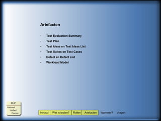 Inhoud  Wat is testen?  Rollen  Artefacten  Wanneer?  Vragen Artefacten Test Evaluation Summary Test Plan  Test Ideas en Test Ideas List Test Suites en Test Cases  Defect en Defect List Workload Model 