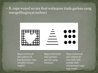  B. rupa wujud secara ilusi walaupun tiada garisan yang
mengelilinginya(outline)
Rupa terbentuk
dari jalinan di
luar kawasan rupa
memberi kesan
negetif
Rupa terbentuk
dari garisan-
garisan yang
tersusun
Rupa terbentuk
dari jalinan di
luar titik-titik
seolah-olah
menyerupai rupa
segi empat
 