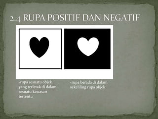 RUPA POSITIF
-rupa sesuatu objek
yang terletak di dalam
sesuatu kawasan
tertentu
RUPA NEGATIF
-rupa berada di dalam
sekeliling rupa objek
 