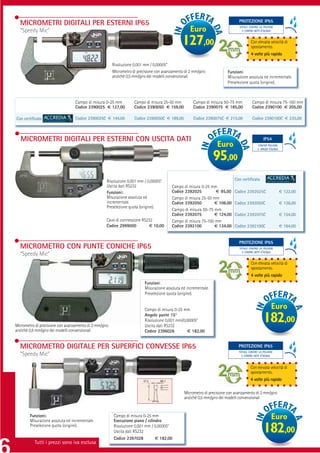 MICROMETRI DIGITALI PER ESTERNI IP65                                                                                         PROTEZIONE IP65
                                                                                                                                PROTEZIONE IP65
                                                                                                                                TOTALE CONTRO LA POLVERE
  “Speedy Mic”                                                                                      Euro                          E CONTRO GETTI D’ACQUA



                                                                                                127,00                                  Con elevata velocità di
                                                                                                                                        spostamento.
                                                                                                                                        4 volte più rapido

                                                        Risoluzione 0,001 mm / 0,00005”
                                                        Micrometro di precisione con avanzamento di 2 mm/giro            Funzioni:
                                                        anziché 0,5 mm/giro dei modelli convenzionali                    Misurazione assoluta ed incrementale.
                                                                                                                         Preselezione quota (origine).



                                  Campo di misura 0-25 mm           Campo di misura 25-50 mm          Campo di misura 50-75 mm           Campo di misura 75-100 mm
                                  Codice 2390025 € 127,00           Codice 2390050 € 159,00           Codice 2390075 € 185,00            Codice 2390100 € 205,00

Con certiﬁcato                    Codice 2390025C € 144,00          Codice 2390050C € 189,00          Codice 2390075C € 215,00           Codice 2390100C € 235,00



   MICROMETRI DIGITALI PER ESTERNI CON USCITA DATI                                                                                               IP54
                                                                                                                   Euro                      CONTRO POLVERE
                                                                                                                                             E SPRUZZI D’ACQUA


                                                                                                                  95,00
                                                    Risoluzione 0,001 mm / 0,00005”                                          Con certiﬁcato
                                                    Uscita dati RS232                     Campo di misura 0-25 mm
                                                    Funzioni:                             Codice 2392025         € 95,00     Codice 2392025C                     € 122,00
                                                    Misurazione assoluta ed               Campo di misura 25-50 mm
                                                    incrementale.                         Codice 2392050        € 106,00     Codice 2392050C                     € 136,00
                                                    Preselezione quota (origine).
                                                                                          Campo di misura 50-75 mm
                                                                                          Codice 2392075        € 124,00     Codice 2392075C                     € 154,00
                                                    Cavo di connessione RS232             Campo di misura 75-100 mm
                                                    Codice 2999000         € 10,00        Codice 2392100        € 134,00     Codice 2392100C                     € 164,00


                                                                                                                               PROTEZIONE IP65
                                                                                                                                PROTEZIONE IP65
  MICROMETRO CON PUNTE CONICHE IP65                                                                                             TOTALE CONTRO LA POLVERE
                                                                                                                                  E CONTRO GETTI D’ACQUA
  “Speedy Mic”
                                                                                                                                        Con elevata velocità di
                                                                                                                                        spostamento.
                                                                                                                                        4 volte più rapido
                                                                          Funzioni:
                                                                          Misurazione assoluta ed incrementale.
                                                                          Preselezione quota (origine).


                                                                          Campo di misura 0-25 mm                                                       Euro

Micrometro di precisione con avanzamento di 2 mm/giro
                                                                          Angolo punte 15°
                                                                          Risoluzione 0,001 mm/0,00005”
                                                                          Uscita dati RS232
                                                                                                                                                 182,00
anziché 0,5 mm/giro dei modelli convenzionali                             Codice 2396026          € 182,00


  MICROMETRO DIGITALE PER SUPERFICI CONVESSE IP65                                                                              PROTEZIONE IP65
                                                                                                                                PROTEZIONE IP65
                                                                                                                                TOTALE CONTRO LA POLVERE
  “Speedy Mic”                                                                                                                    E CONTRO GETTI D’ACQUA



                                                                                                                                        Con elevata velocità di
                                                                                                                                        spostamento.
                                                                                                                                        4 volte più rapido

                                                                                                 Micrometro di precisione con avanzamento di 2 mm/giro
                                                                                                 anziché 0,5 mm/giro dei modelli convenzionali


        Funzioni:
        Misurazione assoluta ed incrementale.
                                                        Campo di misura 0-25 mm
                                                        Esecuzione piano / cilindro
                                                                                                                                                        Euro
        Preselezione quota (origine).                   Risoluzione 0,001 mm / 0,00005”
                                                        Uscita dati RS232
                                                        Codice 2397028          € 182,00
                                                                                                                                                 182,00
           Tutti i prezzi sono iva esclusa
 