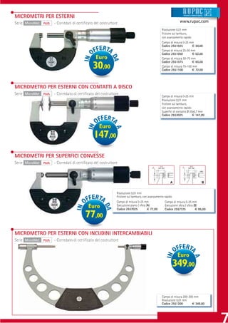 MICROMETRI PER ESTERNI                                                                                               Strumenti e sistemi di misur a




Serie MicroMet   PLUS   - Corredati di certiﬁcato del costruttore                                                 www.rupac.com
                                                                                                    Risoluzione 0,01 mm
                                                                                                    Frizione sul tamburo,
                                                                                                    con avanzamento rapido
                                                                                                    Campo di misura 0-25 mm
                                                                                                    Codice 2551025         € 30,00
                                                                                                    Campo di misura 25-50 mm
                                                                                                    Codice 2551050         € 52,00
                                                  Euro                                              Campo di misura 50-75 mm
                                                                                                    Codice 2551075         € 65,00
                                                 30,00                                              Campo di misura 75-100 mm
                                                                                                    Codice 2551100         € 72,00




MICROMETRO PER ESTERNI CON CONTATTI A DISCO
Serie MicroMet   PLUS   - Corredato di certiﬁcato del costruttore
                                                                                                    Campo di misura 0-25 mm
                                                                                                    Risoluzione 0,01 mm
                                                                                                    Frizione sul tamburo,
                                                                                                    con avanzamento rapido
                                                                                                    Superﬁci di contatto Ø 20x0,7 mm
                                                                                                    Codice 2553025           € 147,00


                                                     Euro
                                                 147,00
MICROMETRI PER SUPERFICI CONVESSE
Serie MicroMet   PLUS   - Corredati di certiﬁcato del costruttore




                                                                Risoluzione 0,01 mm
                                                                Frizione sul tamburo, con avanzamento rapido
                                                                Campo di misura 0-25 mm               Campo di misura 0-25 mm
                                              Euro              Esecuzione piano / sfera (A)
                                                                Codice 2557025            € 77,00
                                                                                                      Esecuzione sfera / sfera (B)
                                                                                                      Codice 2557125            € 85,00

                                            77,00
MICROMETRO PER ESTERNI CON INCUDINI INTERCAMBIABILI
Serie MicroMet   PLUS   - Corredato di certiﬁcato del costruttore


                                                                                                                Euro
                                                                                                               349,00


                                                                                                    Campo di misura 200-300 mm
                                                                                                    Risoluzione 0,01 mm
                                                                                                    Codice 2551300        € 349,00
 