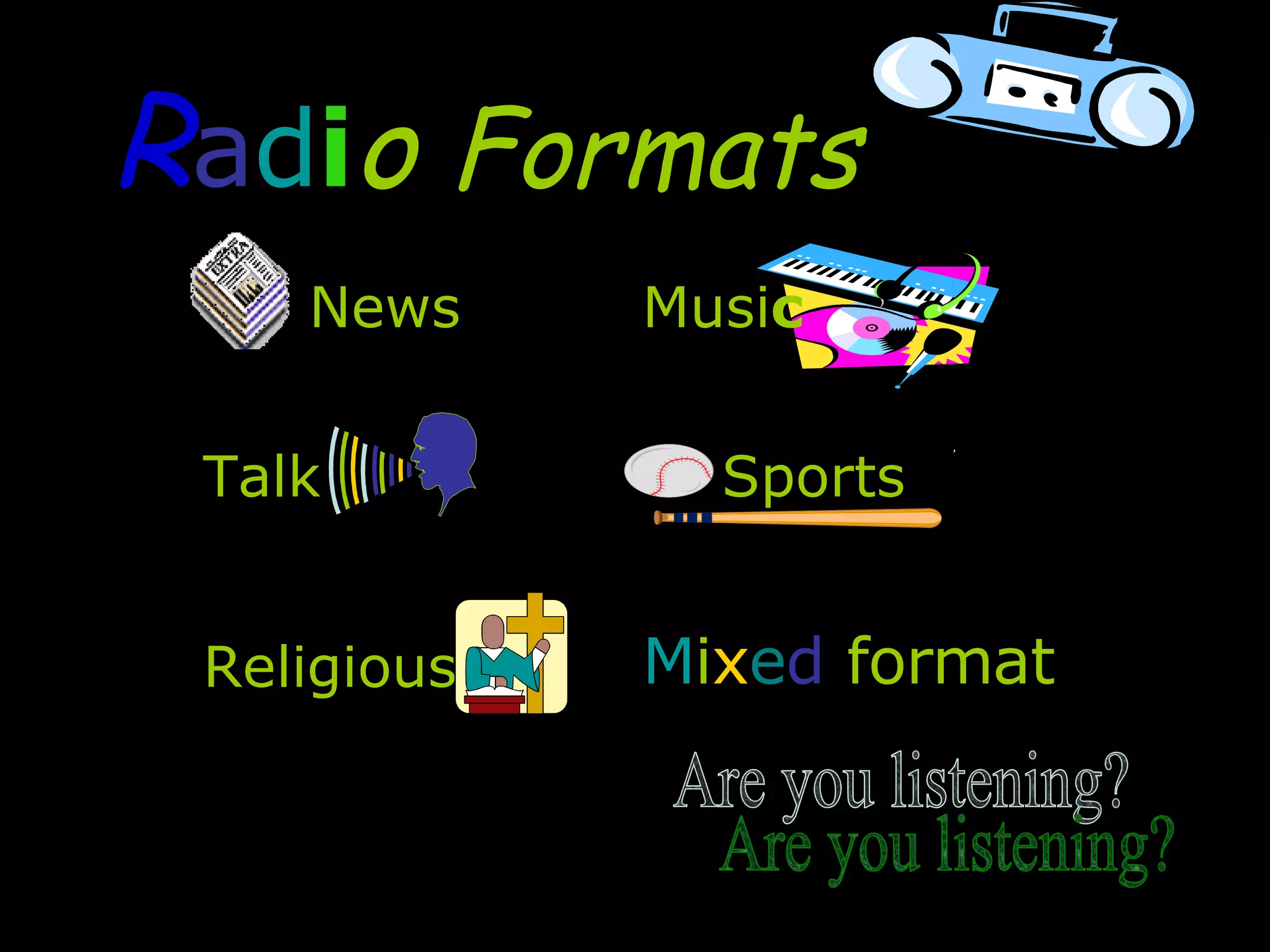 R a d i o  Formats Are you listening? M i x e d  format Musi c Sports Religious Talk News 