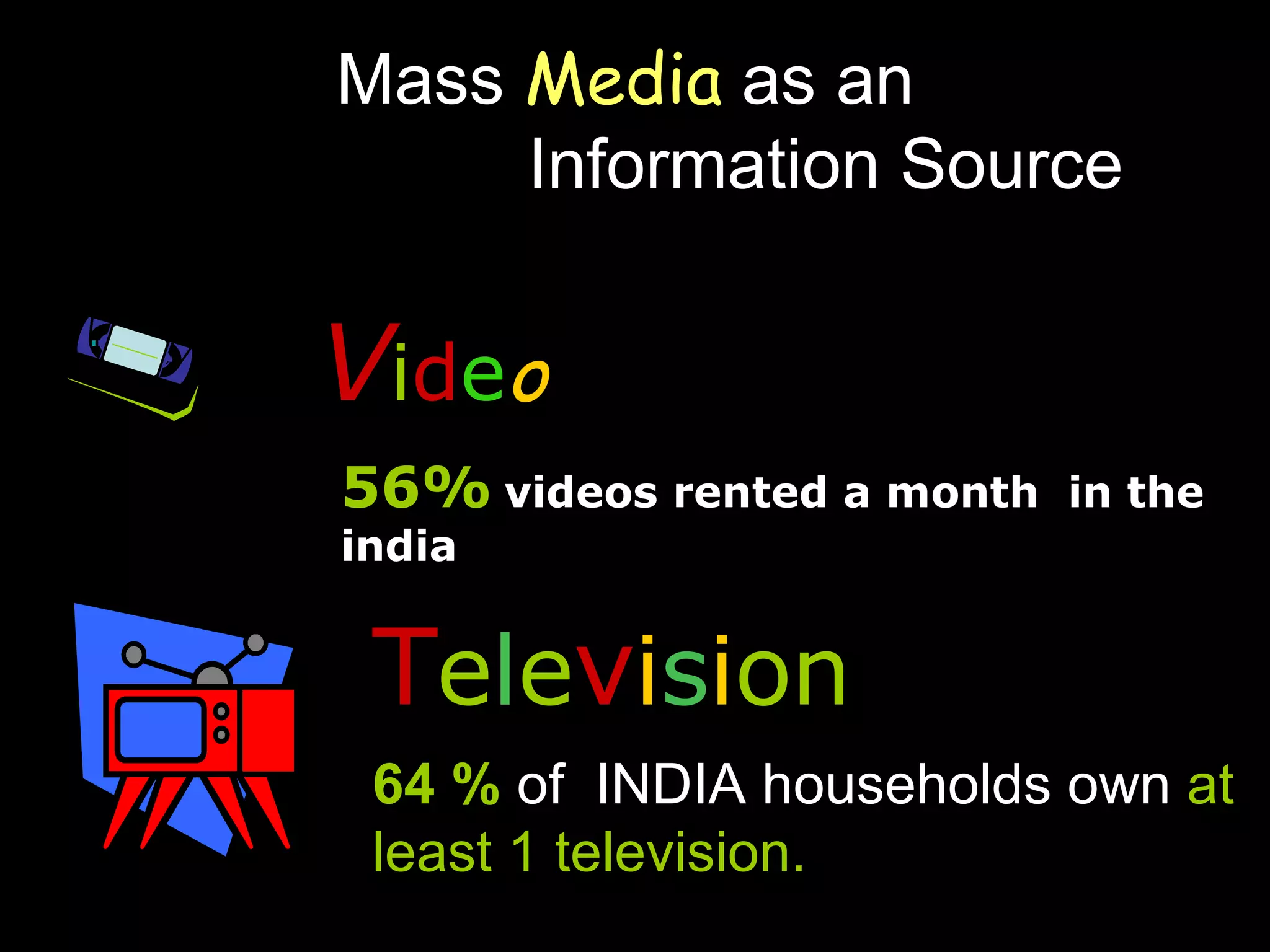 Mass  Media  as an  Information Source 56%   videos rented a month  in the india V i d e o T e l e v i s i on 64 %   of  INDIA households own   at least 1 television. 