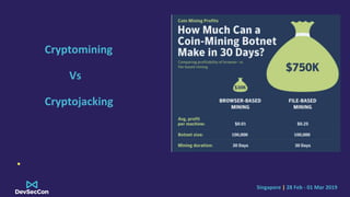 Singapore | 28 Feb - 01 Mar 2019
Cryptomining
Vs
Cryptojacking
•
 